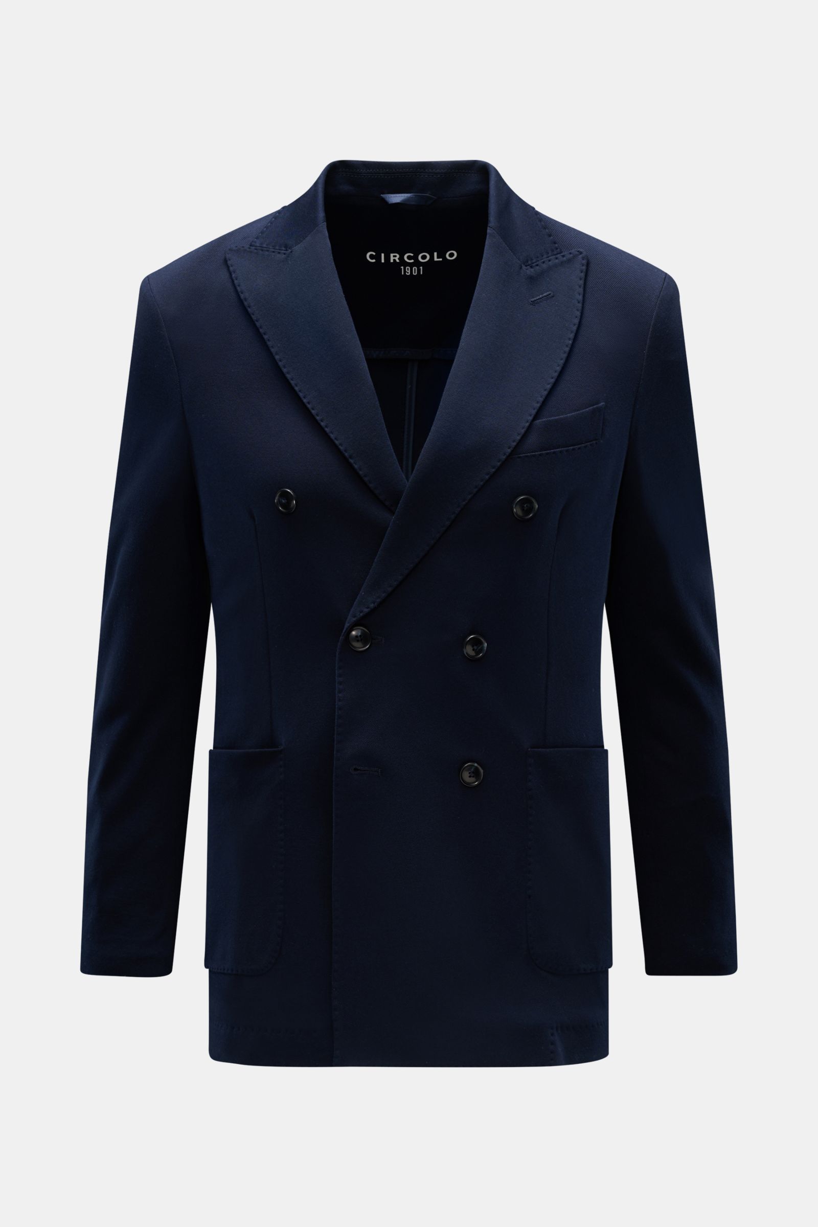 Circolo 1901 Piqué Sakko navy, slim Fit, zweireihig, elastischer Baumwoll-Piqué, Spitzrevers, aufgesetzte Taschen, frontal fotografiert.