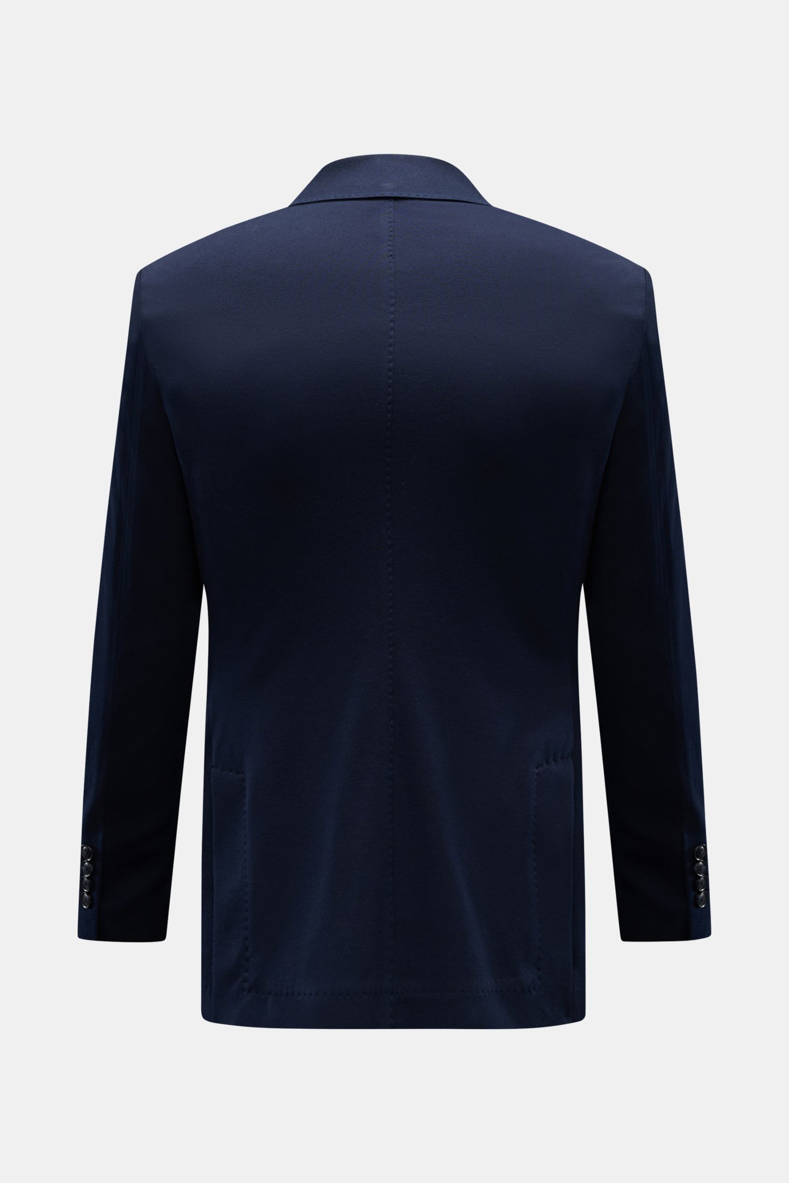 Rückansicht des Circolo 1901 Piqué Sakko navy aus elastischem Baumwoll-Piqué, Slim Fit, zweireihiger Drei-Knopf-Stil, halb gefüttert.