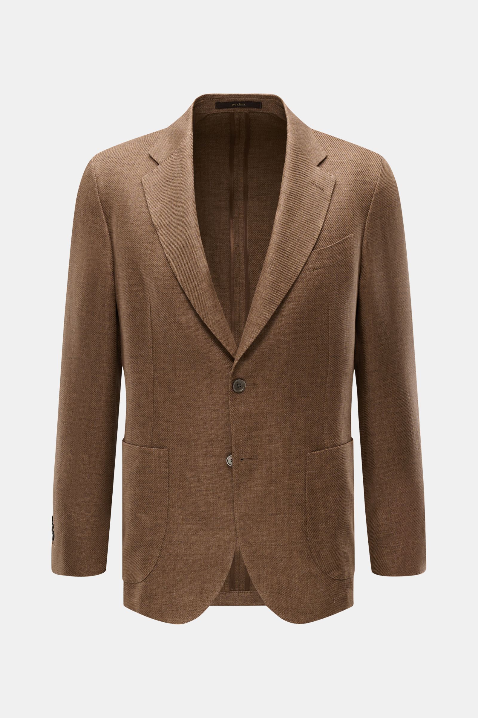 Front view of Windsor Smart-casual jacket 'Giorno' brown mottled in pure linen with slim fit, step lapel, two-button style, and patch pockets.

Description: British elegance with summery lightness: The 'Giorno' unconstructed smart-casual jacket by WIND