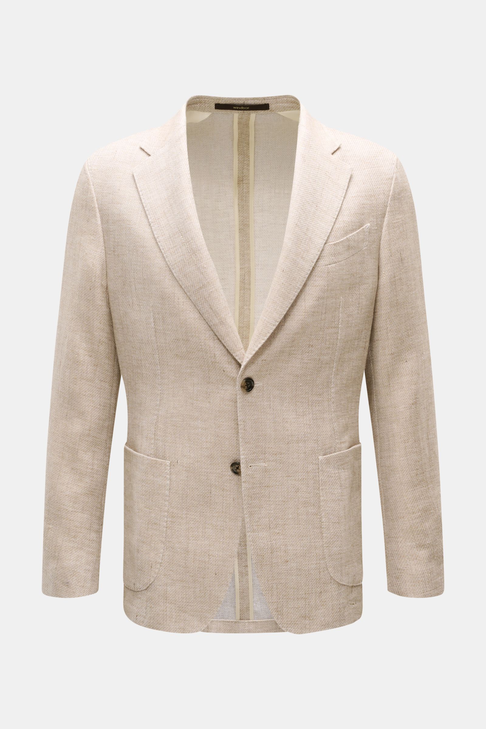 Front view of Windsor Smart-casual jacket 'Giorno' beige mottled, lightweight cotton-linen blend, slim fit, soft feel, step lapel, two-button style, patch hip pockets, classic breast pocket, kissing buttons, side vents, unconstructed design, two inside po