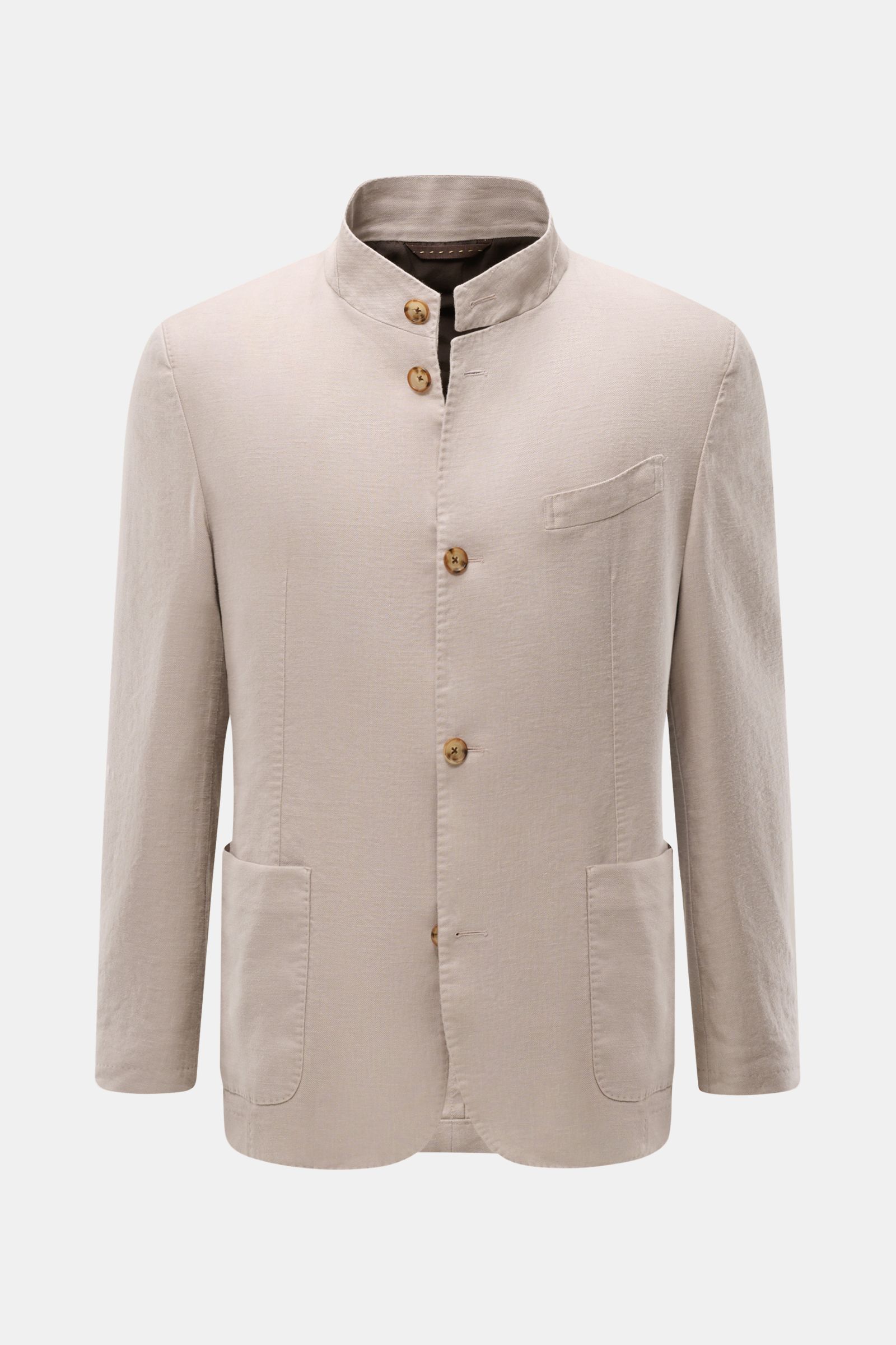Windsor Sakko 'Tirano' beige, slim Fit, Leinen-Lyocell-Mix, Stehkragen, Vier-Knopf-Stil, Brust- und Hüfttaschen, vorne frontal fotografiert.