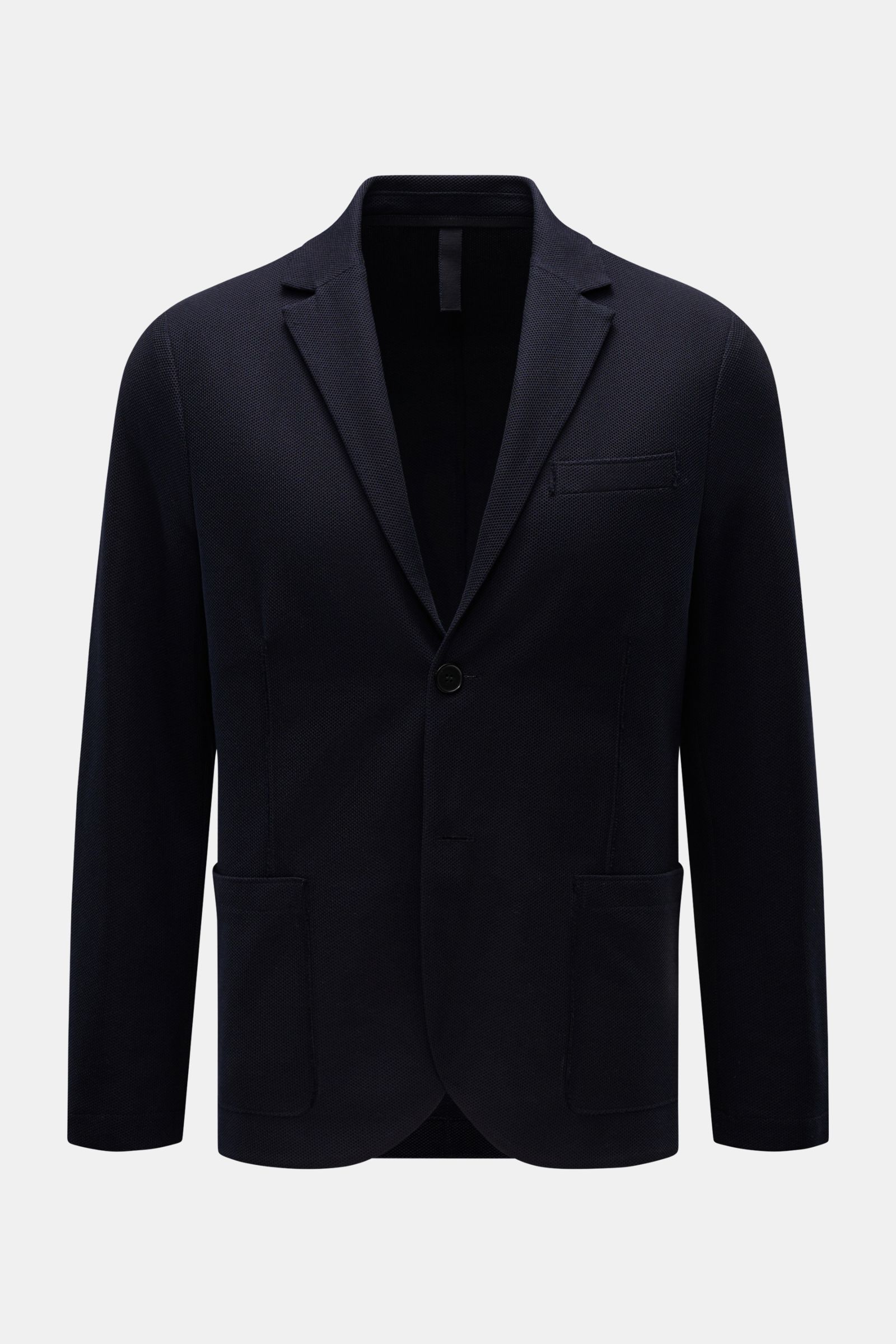 Front view of Harris Wharf London Blazer navy, lightweight with fine waffle texture, slim fit, two-button, step lapel, patch hip pockets.

Description: Lightweight blazer from HARRIS WHARF: This model with a fine but distinctive waffle texture is made 
