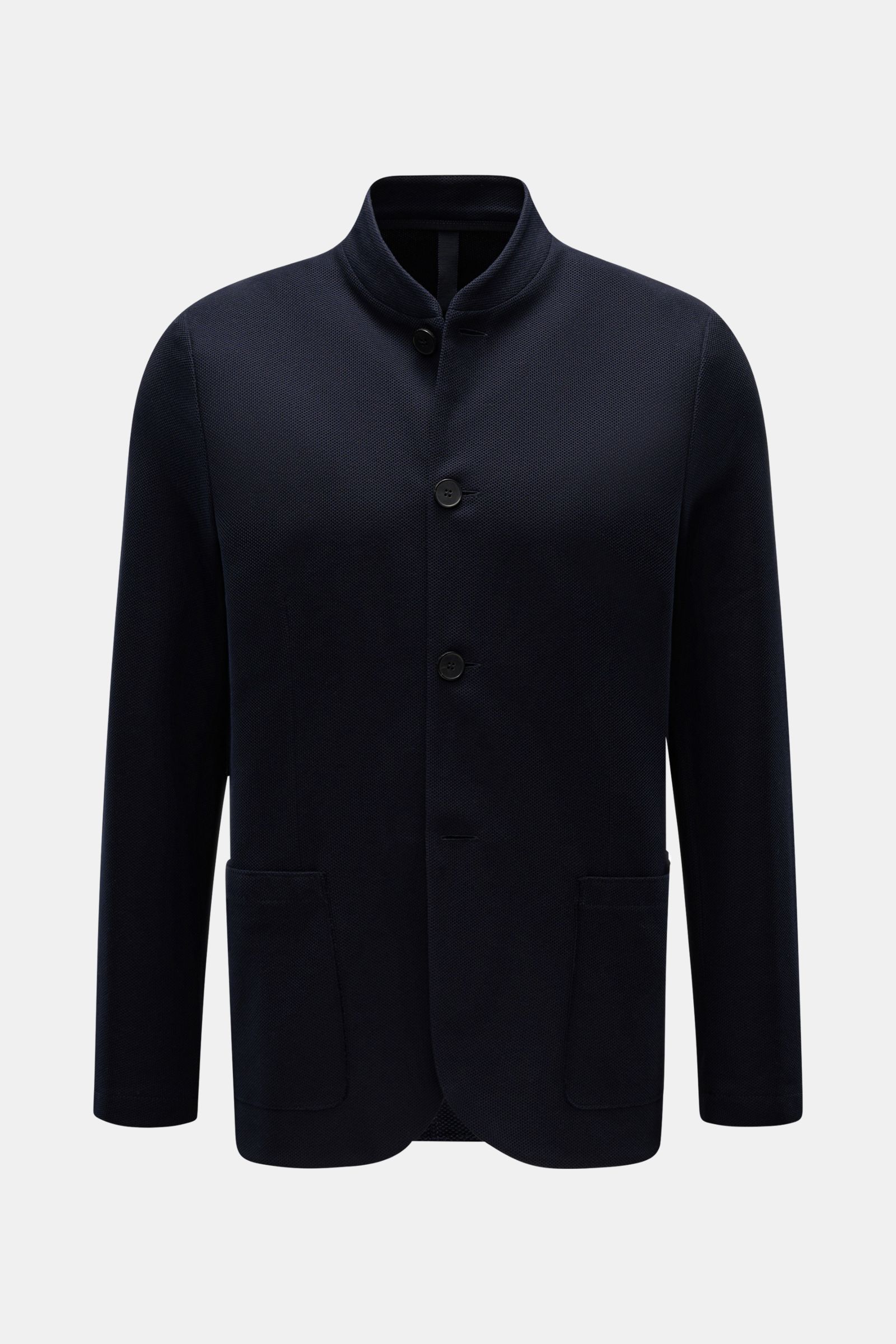 Front view of Harris Wharf London Knit blazer navy in pure piqué cotton with slim standing collar, open edge finish, and patch hip pockets.

Description: HARRIS WHARF LONDON has chosen a high-quality cloth from Loro Piana for this relaxed knit blazer. 