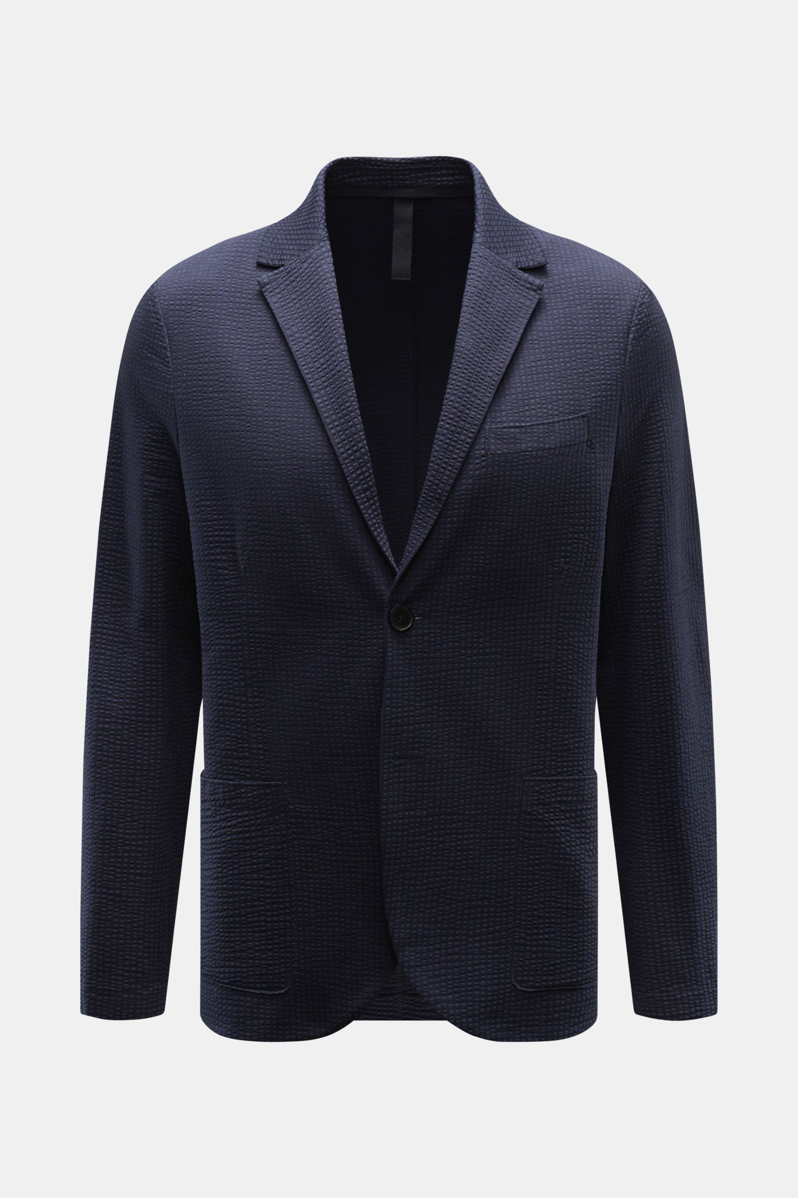Alt tag (125 characters): Front view of Harris Wharf London Seersucker blazer navy in slim fit with step lapel, two-button style, and patch pockets.

Additional description: 
Style and unbeatable comfort: This sporty blazer in an unconstructed design b