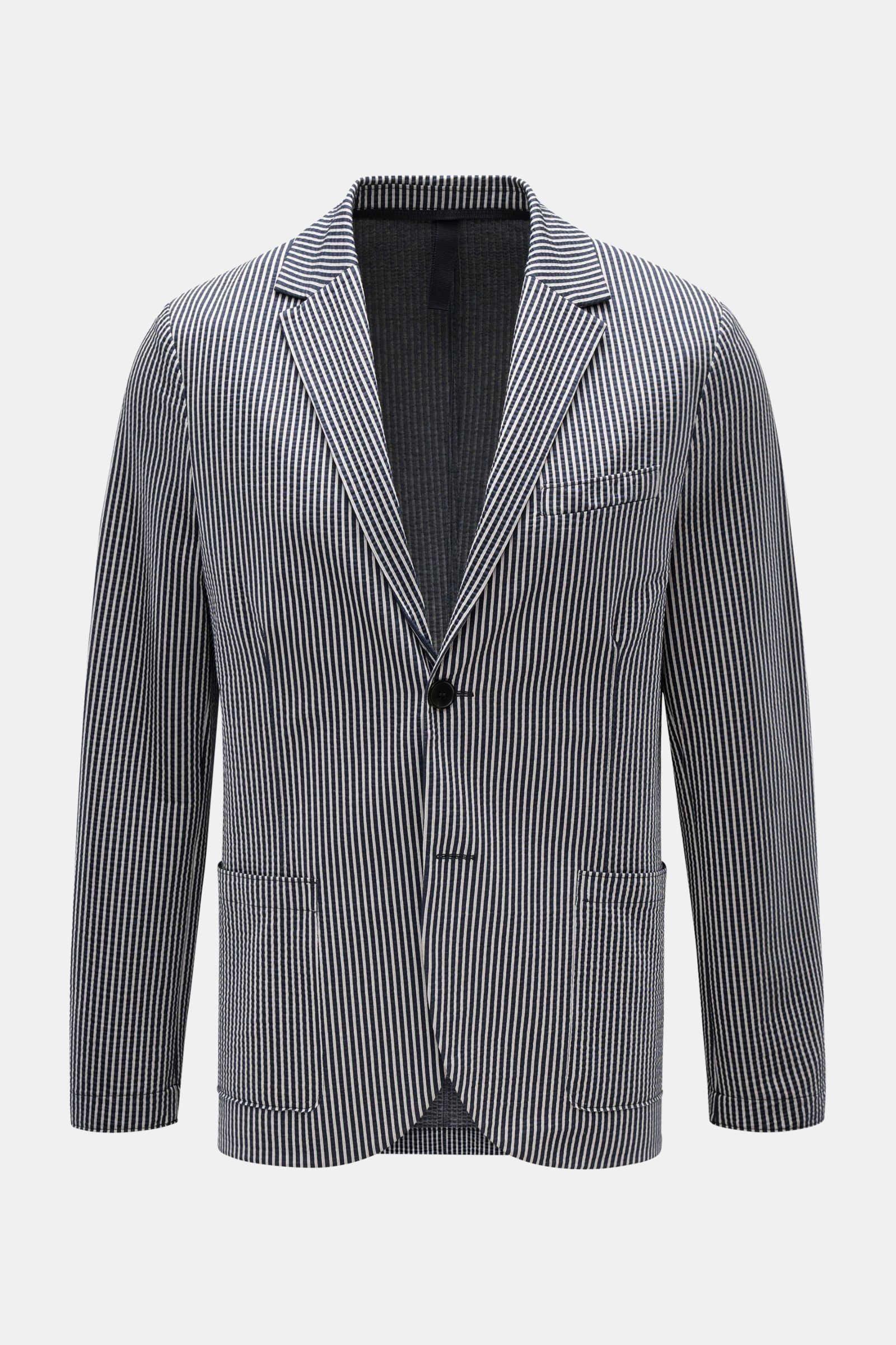 Harris Wharf London Seersucker-Blazer dark navy/hellgrau gestreift, frontale Ansicht, Slim Fit, ungefüttert, zwei Knöpfe, Brust- und Hüfttaschen, Baumwoll-Mix.
