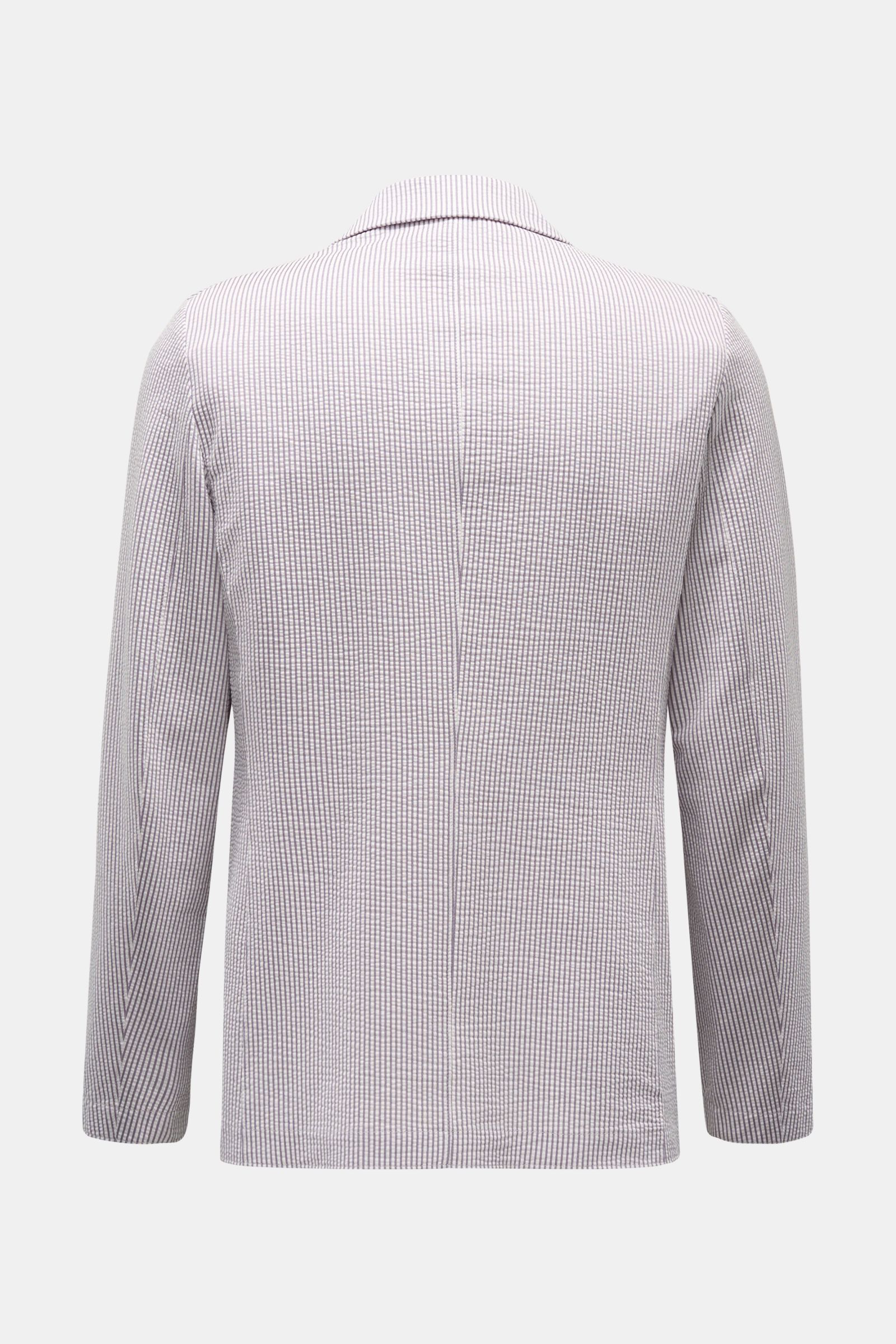 Hinteransicht des Harris Wharf London Seersucker-Blazer grau/weiß gestreift im Slim Fit mit fallendem Revers, zwei Innentaschen, ungefüttert.