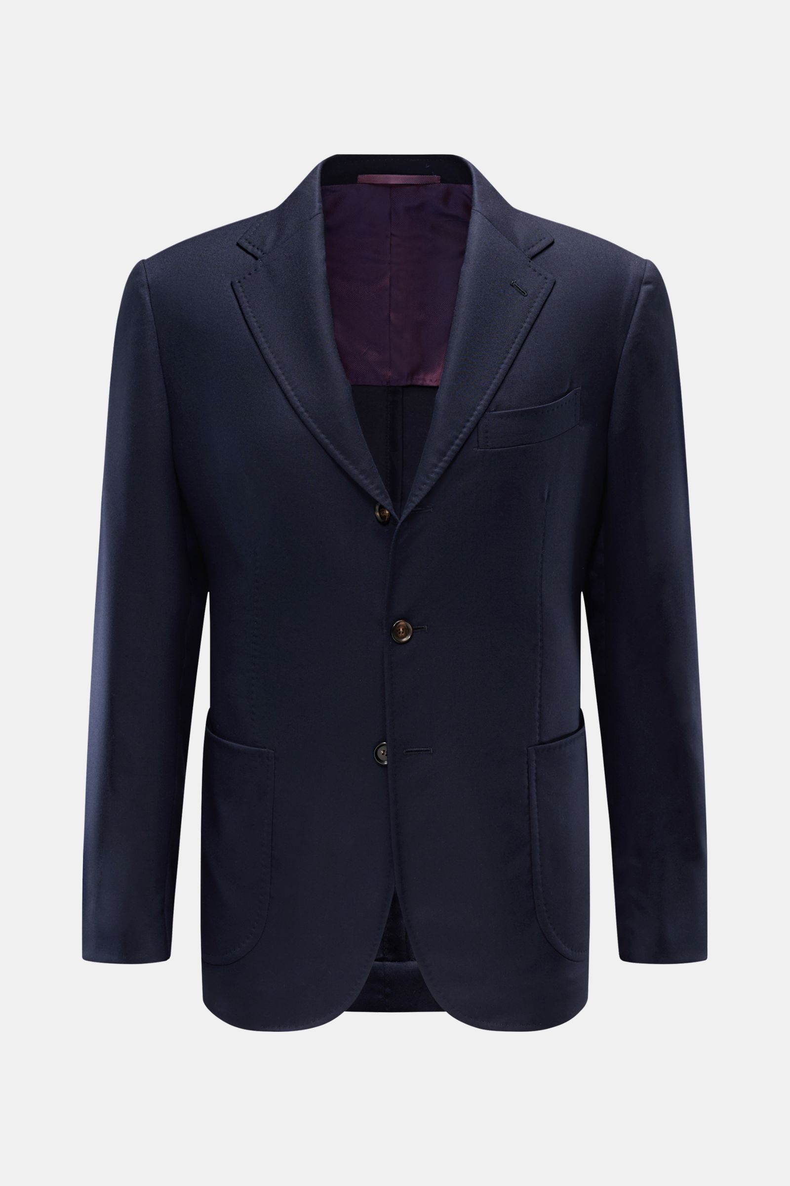 Front view of Stile Latino Sakko 'Vincenzo' dark navy, a slim-fit, lightweight three-button blazer in soft pure wool gabardine with notch lapels and patch pockets.