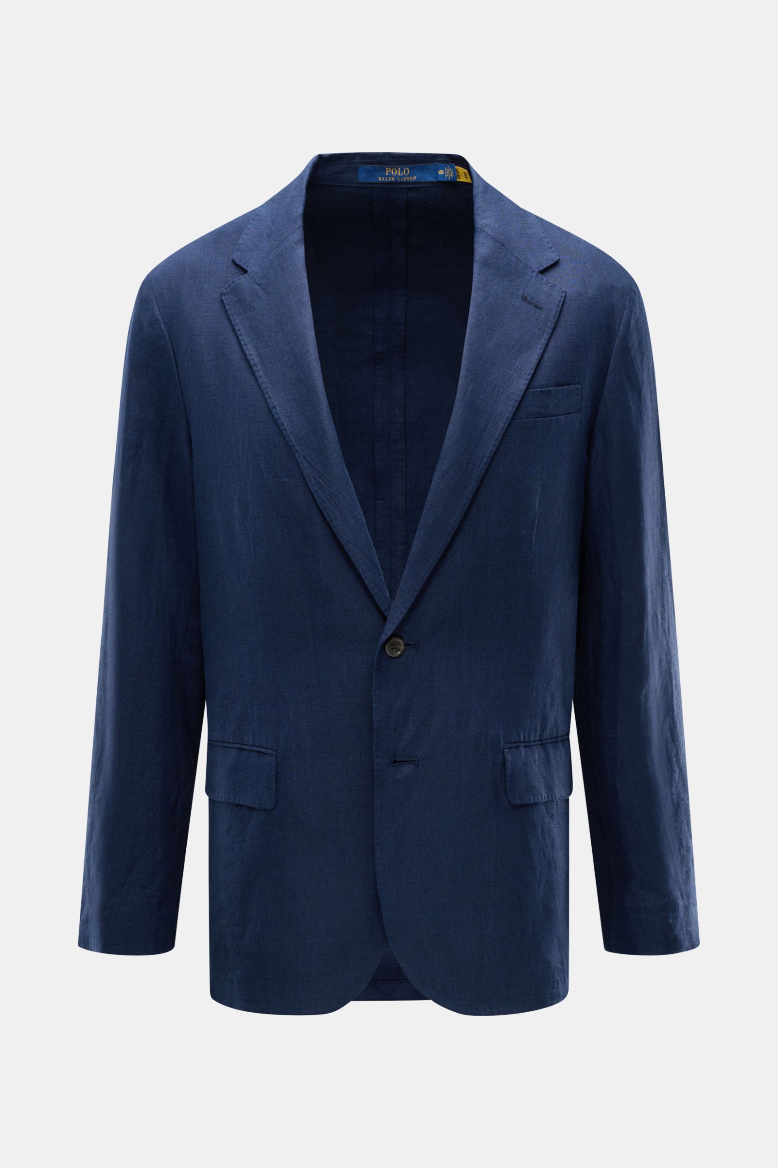 Polo Ralph Lauren Leinensakko navy, schmale Silhouette, reines Leinen, Slim Fit, fallendes Revers, Zwei-Knopf-Stil, Hüfttaschen mit Patte, frontal fotografiert.