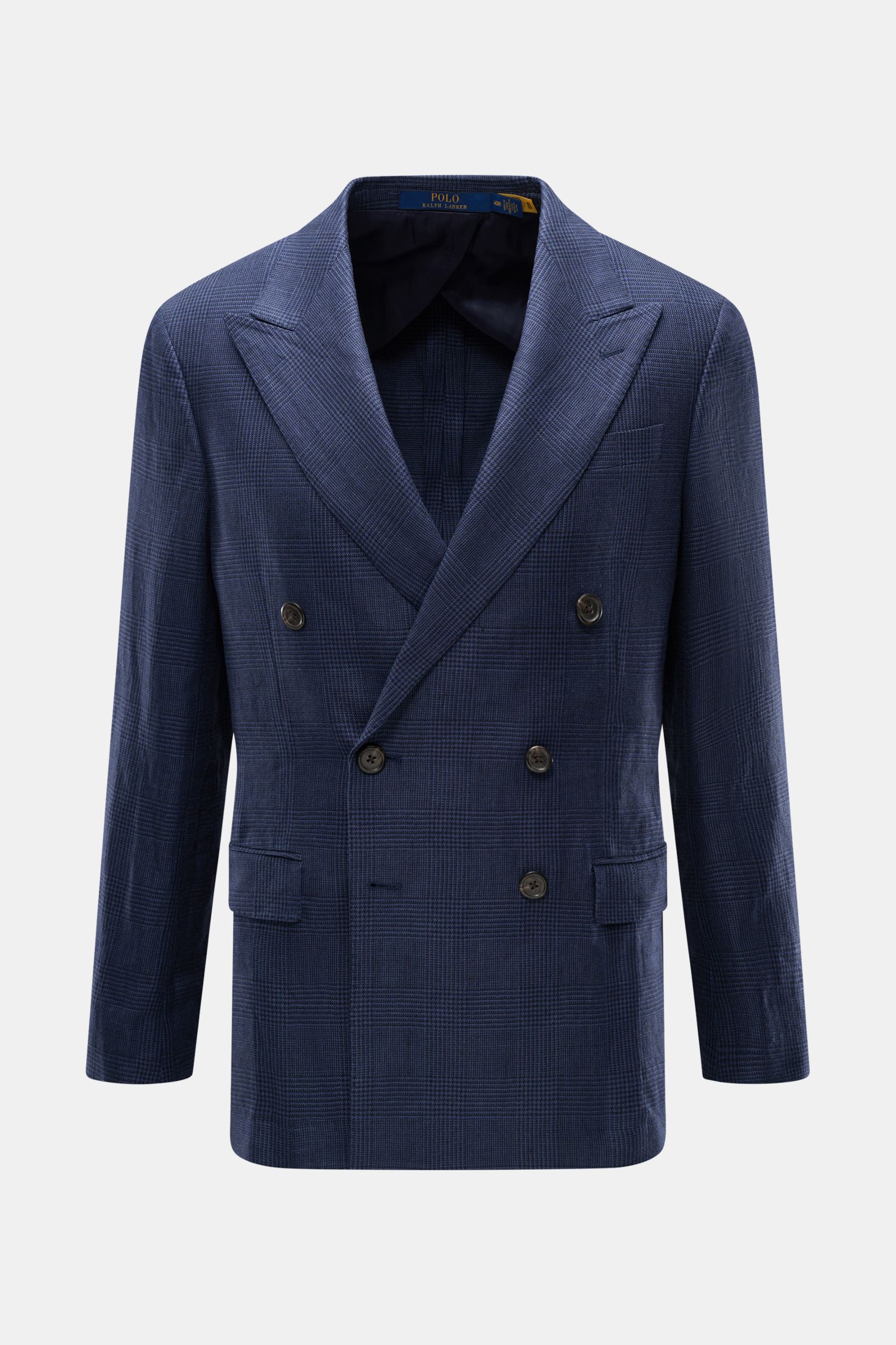 Polo Ralph Lauren Sakko navy/schwarz kariert, slim fit, Prince-of-Wales Karo, doppelte Knopfreihe, Spitzrevers, frontal fotografiert.