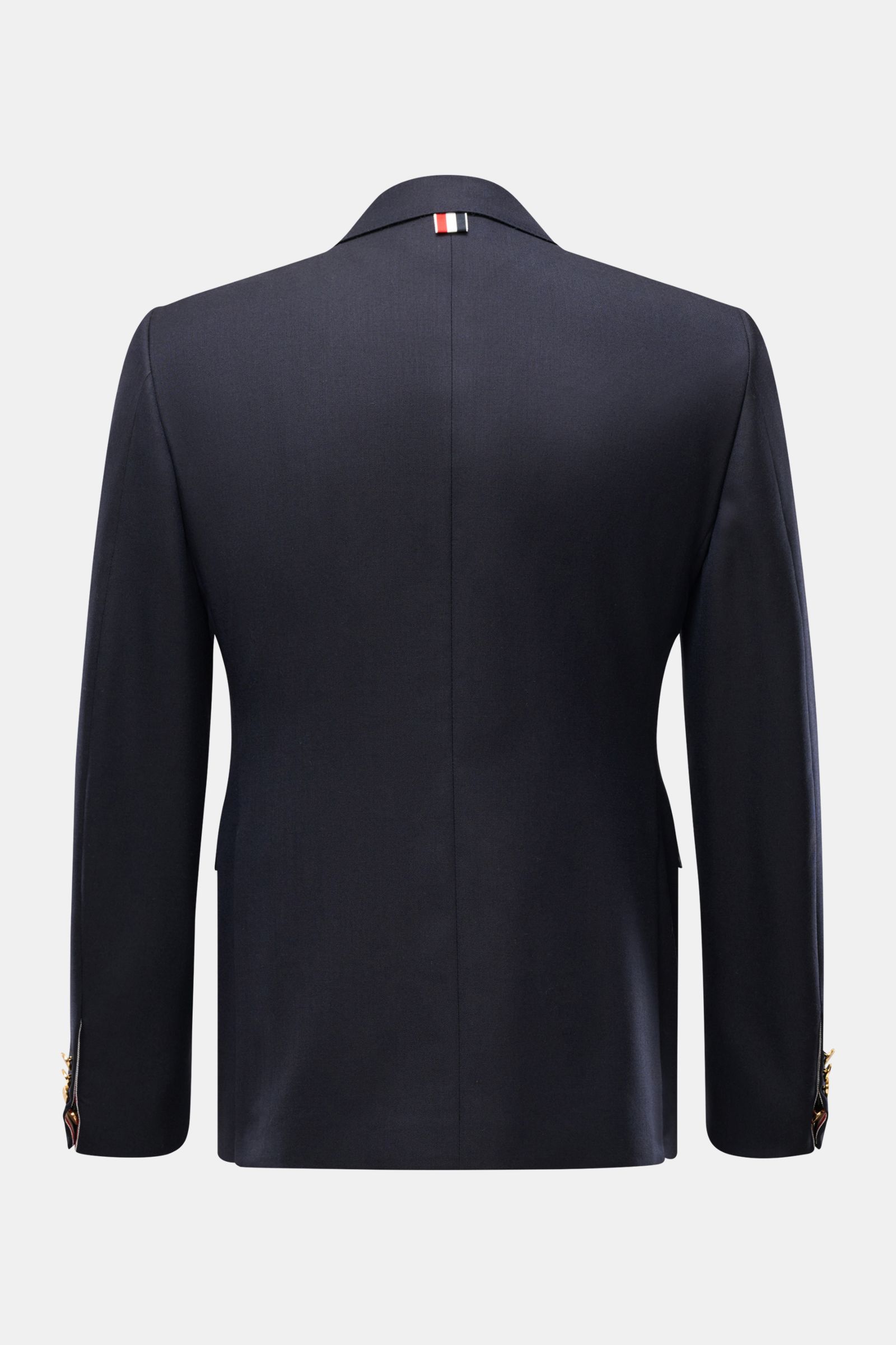 Rückansicht des maritimen Thom Browne Sakko navy aus reiner Wolle mit tailliertem Drei-Knopf-Stil und goldfarbenen Kissing Buttons.