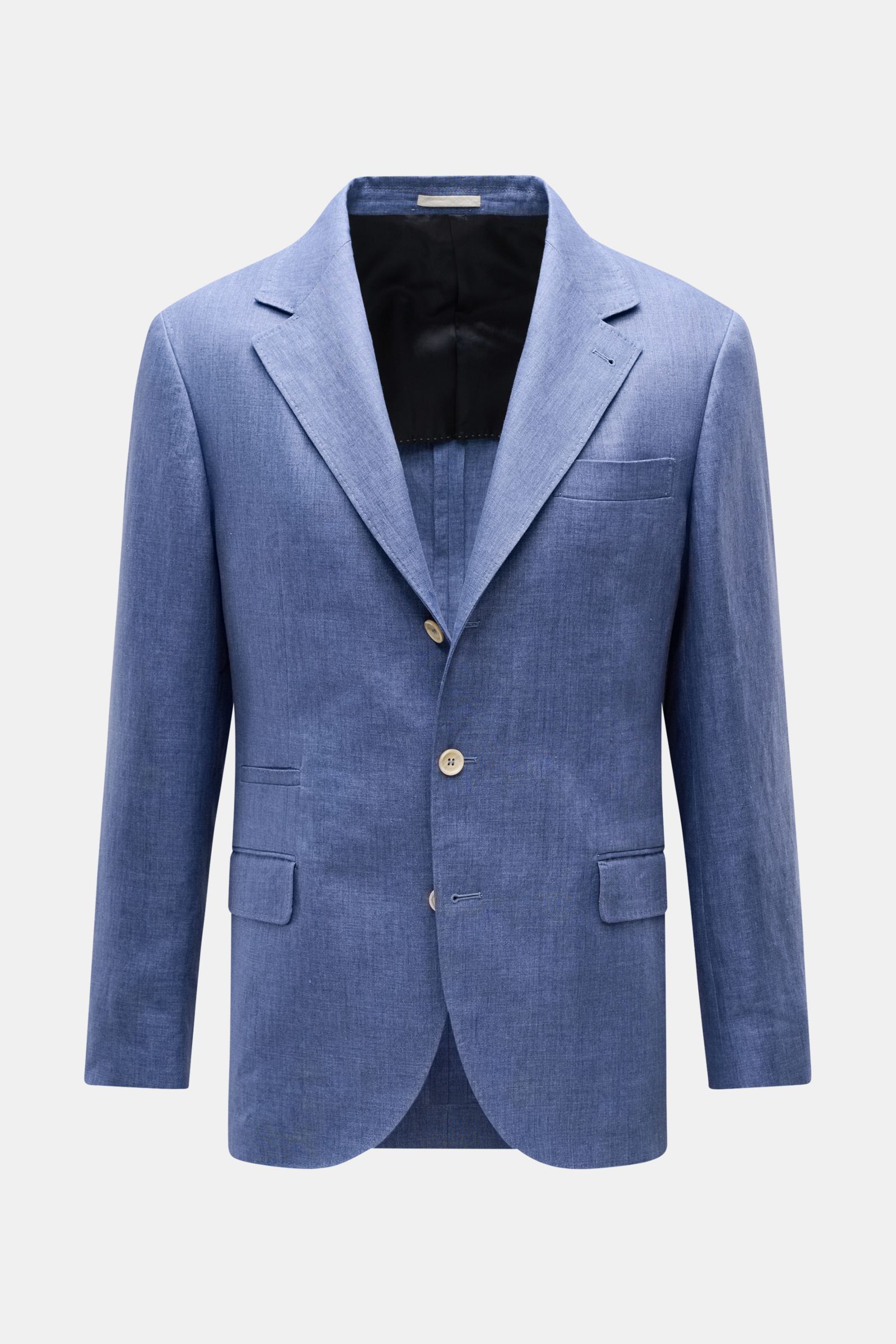 Front view of a Brunello Cucinelli Leinensakko graublau meliert, a slim fit, soft, lightweight linen jacket in denim look with three buttons, notch lapel, chest pocket, flap hip pockets, small welt pocket, buttoned cuffs, back side vents, half lining, and