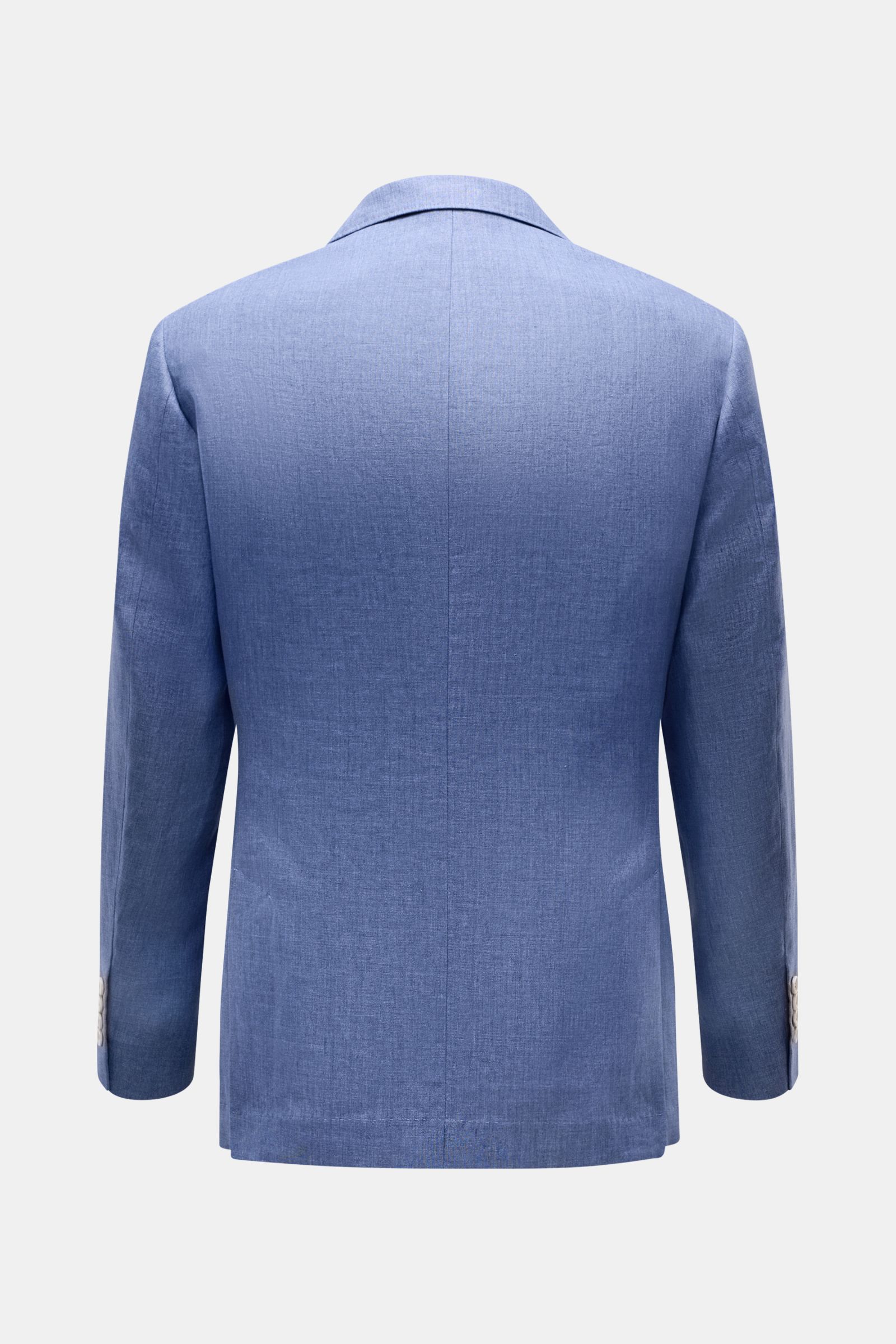 Back view of a Brunello Cucinelli Leinensakko graublau meliert, a lightweight, slim fit, three-button linen blazer in soft denim-look fabric with a tailored fit.