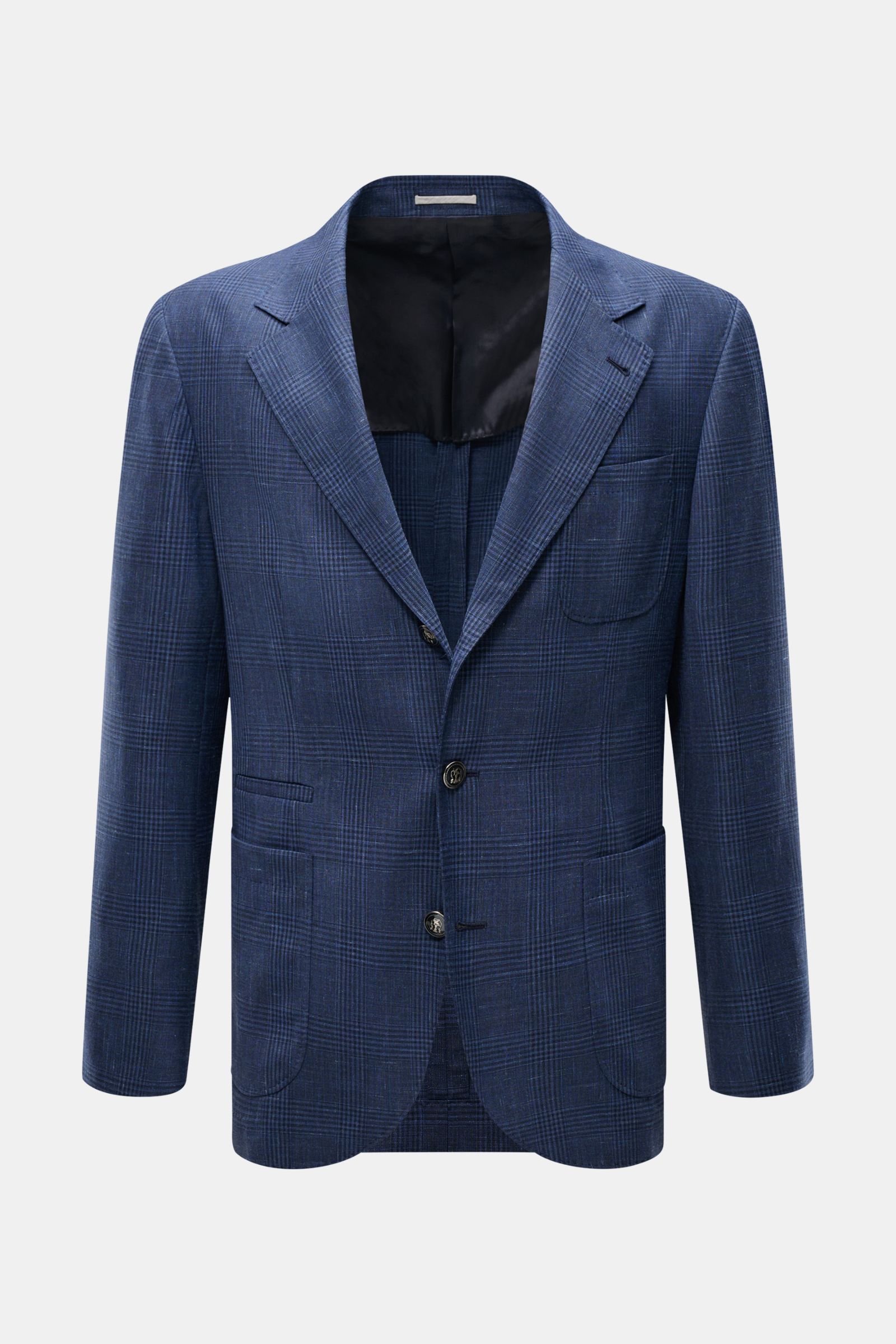 Front view of Brunello Cucinelli Sakko navy/graublau kariert, a slim fit wool, linen, and silk blend jacket with Prince-of-Wales check, soft feel, three-button style, notch lapel, chest pocket, patch hip pockets, small welt pocket, emblem buttons on sleev