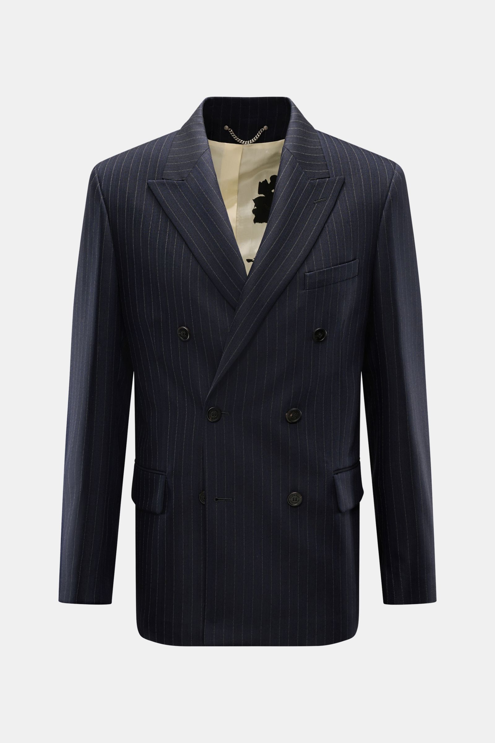 Golden Goose Sakko 'Dave' dark navy gestreift, Slim Fit, feine Nadelstreifen, zweireihig, Spitzrevers, Taschen, Knöpfe, seitliche Schlitze, kontrastfarbenes Futter, Frontansicht.