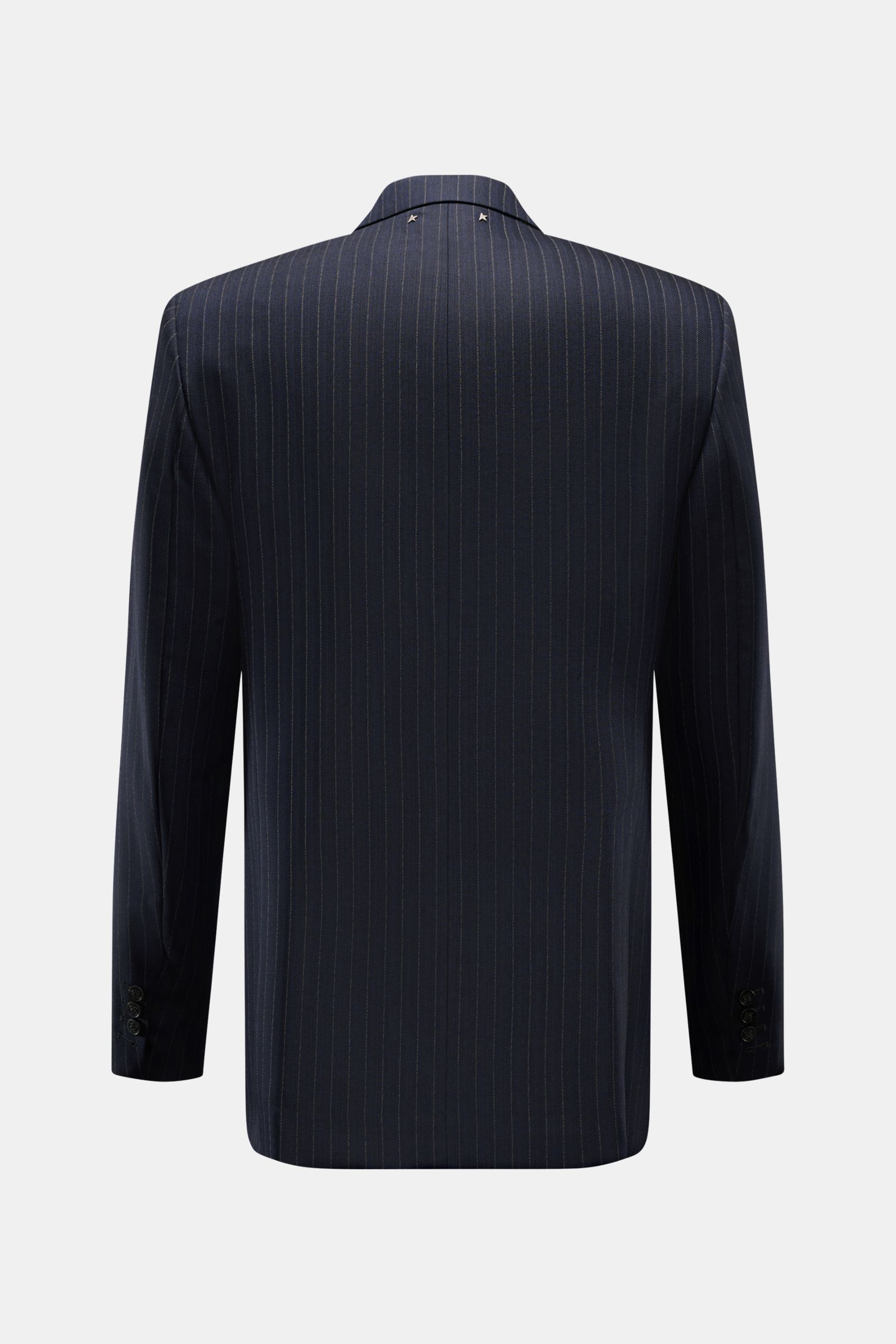 Golden Goose Sakko 'Dave' dark navy gestreift, Rückansicht, feine Nadelstreifen, Slim Fit, Strukturwolle, zweireihig, Spitzrevers, Knöpfe am Ärmel.