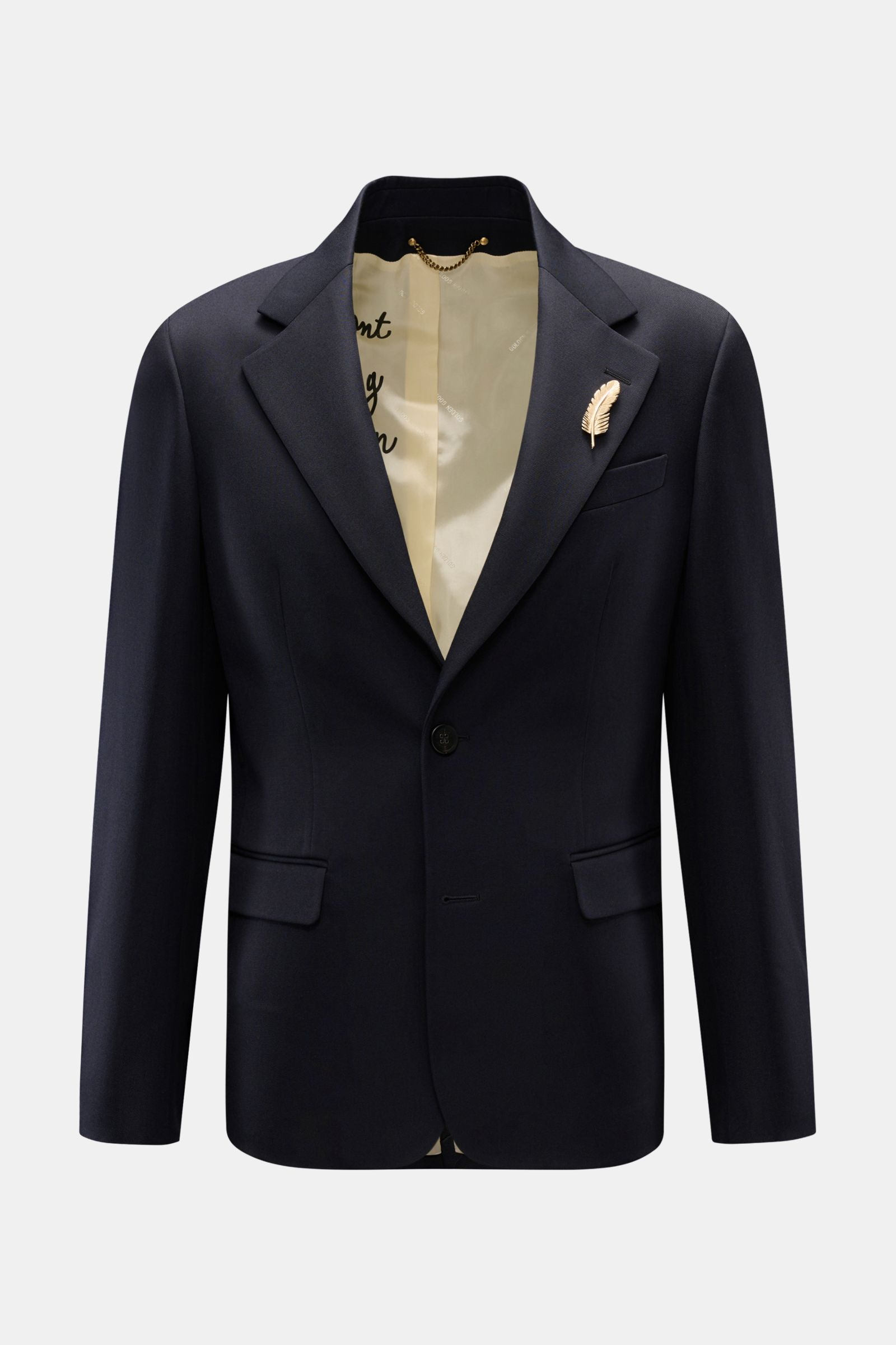 Golden Goose Sakko 'Milano' dark navy, frontale Ansicht, Slim Fit, Twill aus Microfaser und Wolle, fallendes Revers, Feder-Pin, Zwei-Knopf-Stil, Taschen, Innenfutter.