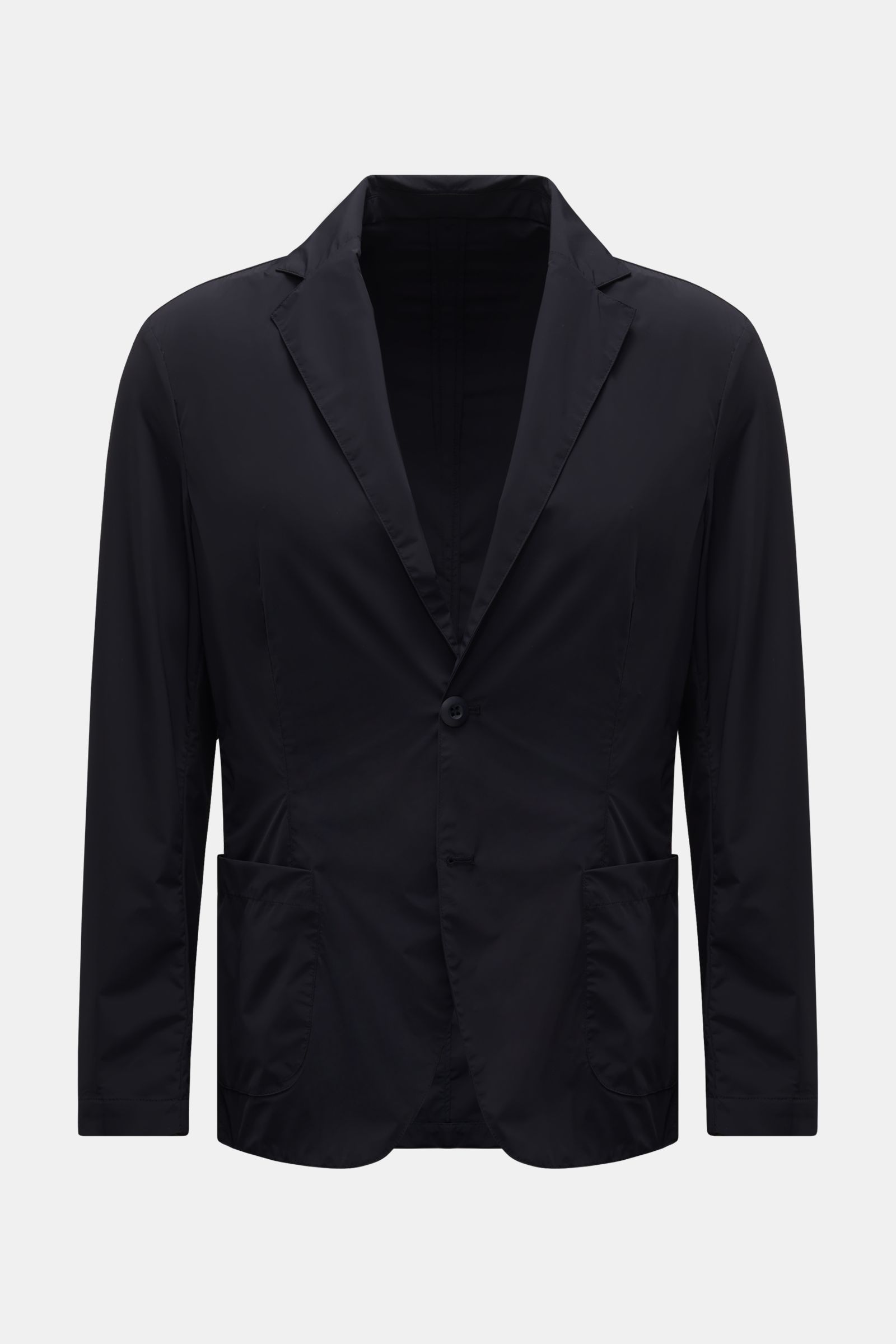 The Product is the Hero Blazer 'Travel Blazer' navy, frontansicht, wasserabweisender, taillierter Slim Fit Blazer aus ultraleichter, bi-elastischer Microfaser mit zwei Knöpfen, fallendem Revers, Hüfttaschen und Seitenschlitzen.