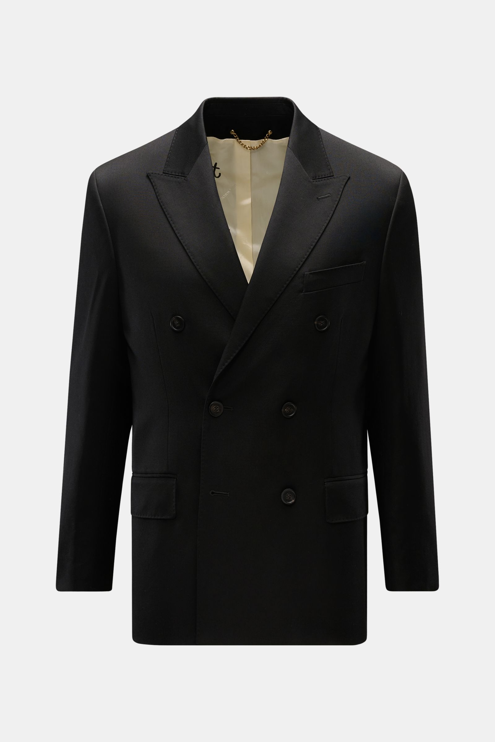 Golden Goose Sakko 'Dave' schwarz, frontale Ansicht, Slim Fit, zweireihig mit drei Knöpfen, Spitzrevers, Taschen mit Patte, edle Wollgabardine, gebrandetes Innenfutter.