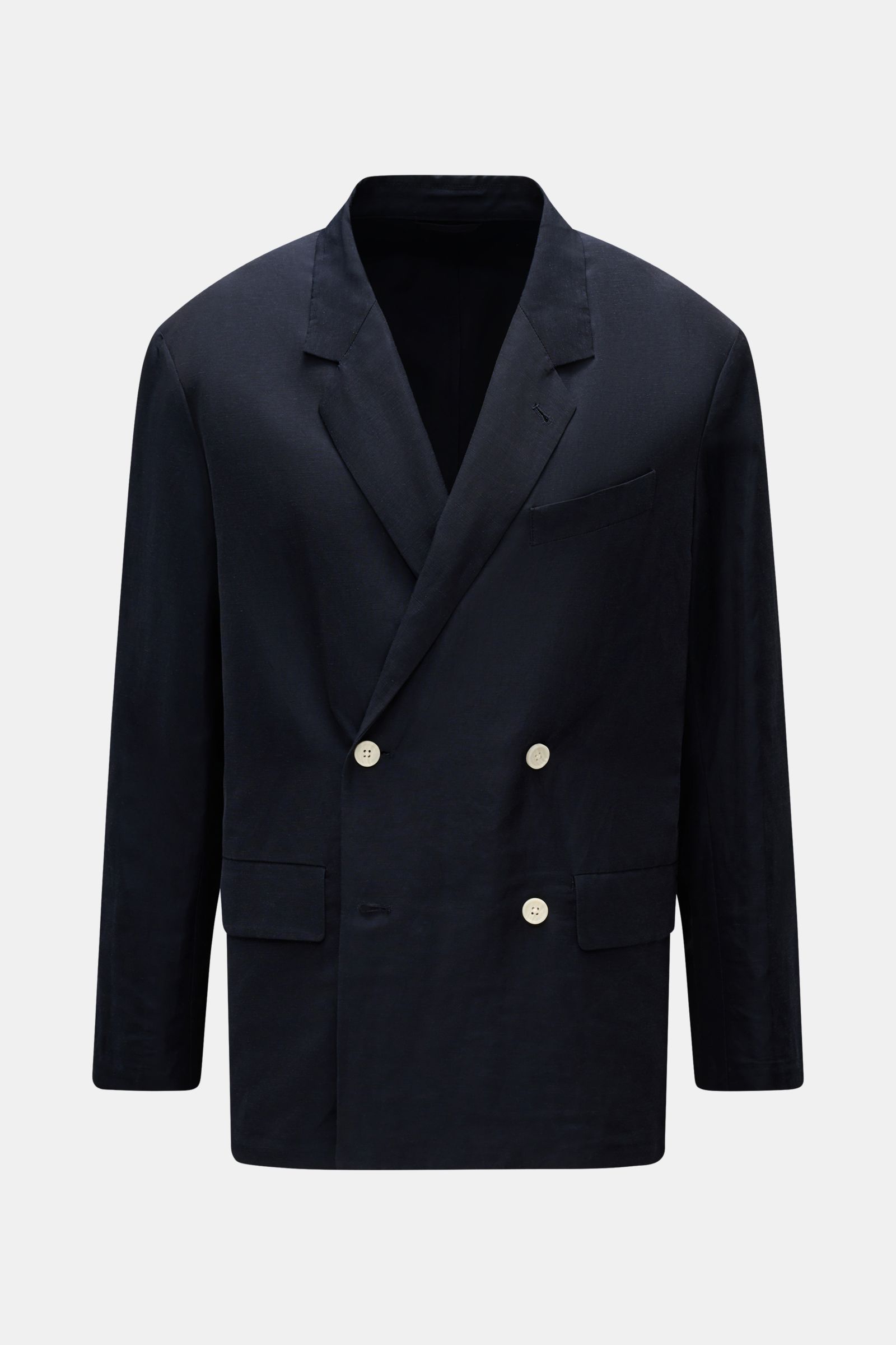 Emporio Armani Sakko dark navy, frontale Ansicht, leichter Viskose-Leinen-Mix, Oversized Fit, zwei Knöpfe, Brust- und Hüfttaschen, fallendes Revers.