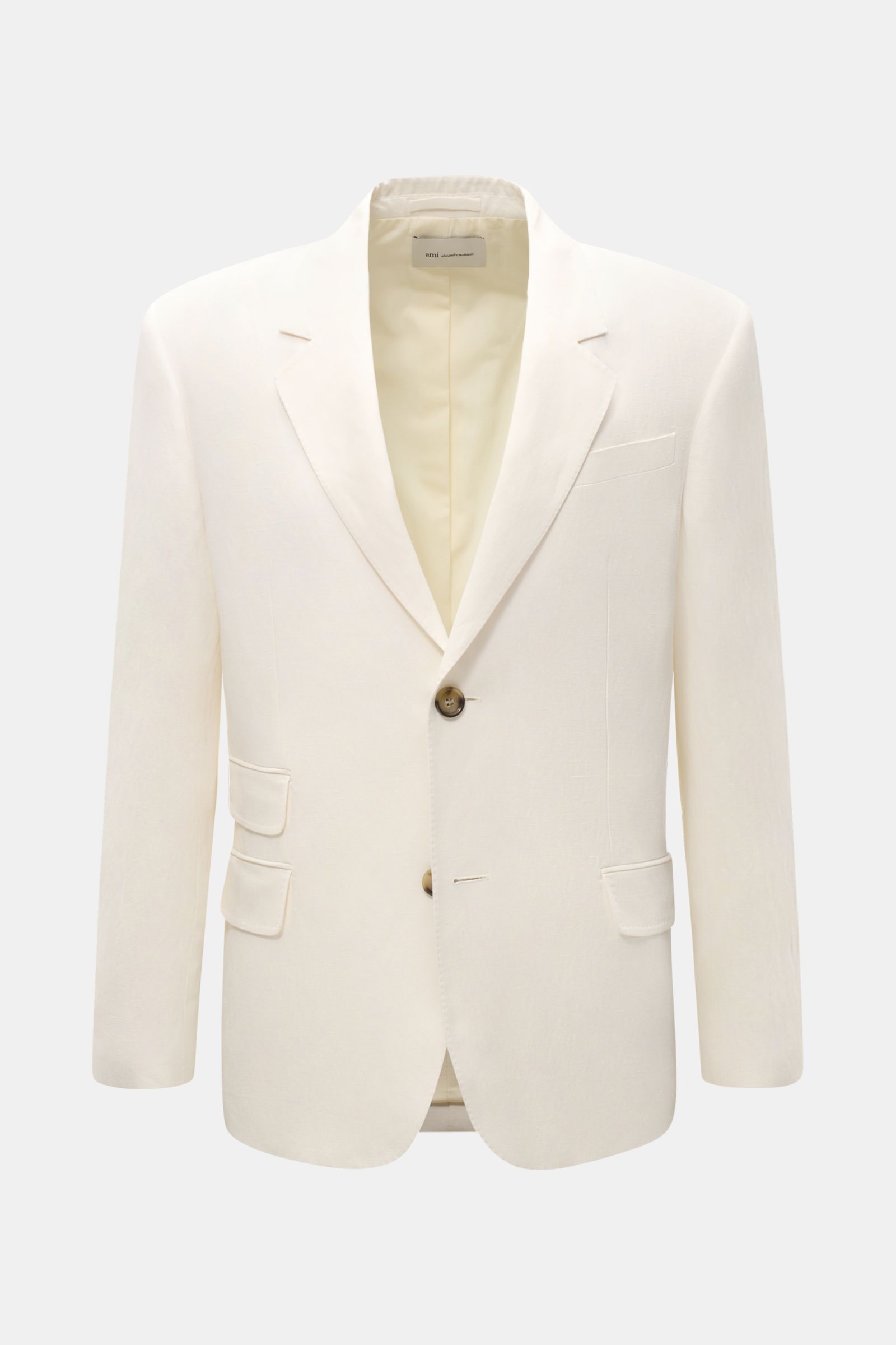 Ami Paris Sakko creme, Slim Fit, aus Viskose-Leinen, frontal mit fallendem Revers, Zwei-Knopf-Stil, Brust- und Hüfttaschen, Innentaschen.