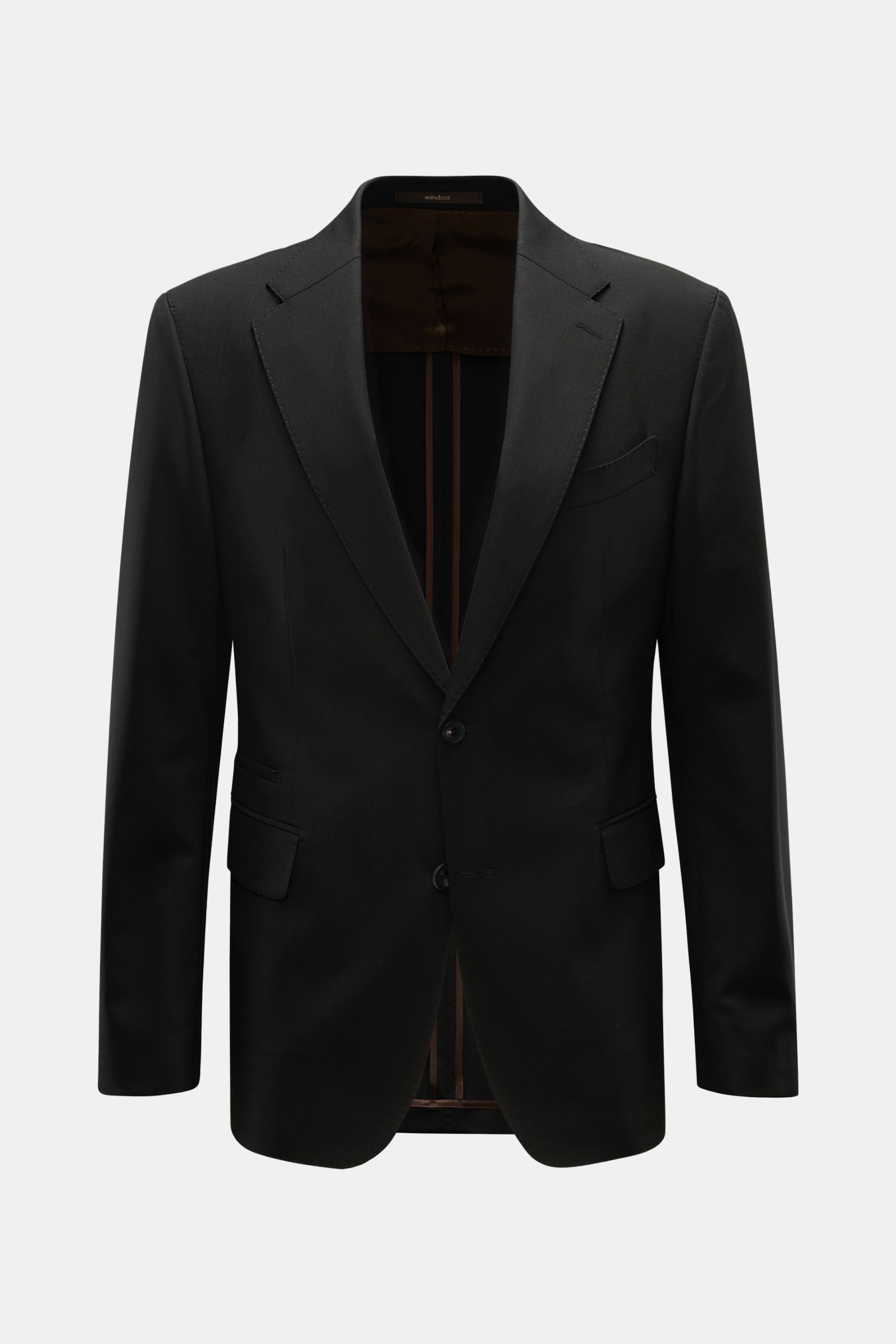 Windsor Sakko 'Sono' schwarz, Slim Fit aus feiner Wolle, frontale Ansicht mit fallendem Revers, Zwei-Knopf-Stil, Brust- und Hüfttaschen mit Patte, Unconstructed Design.