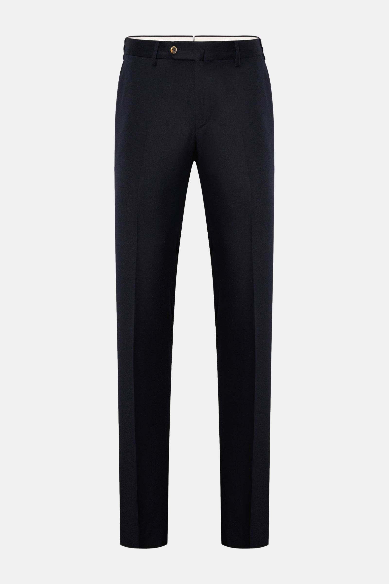 PT Torino Wool trousers 'Slim Fit' dark navy shown from the front on a plain background, made of fine wool fleece with slight stretch, slim fit, tapered cut, zip and waist buttons, French pockets, small watch pocket, jetted back pockets with button, soft 