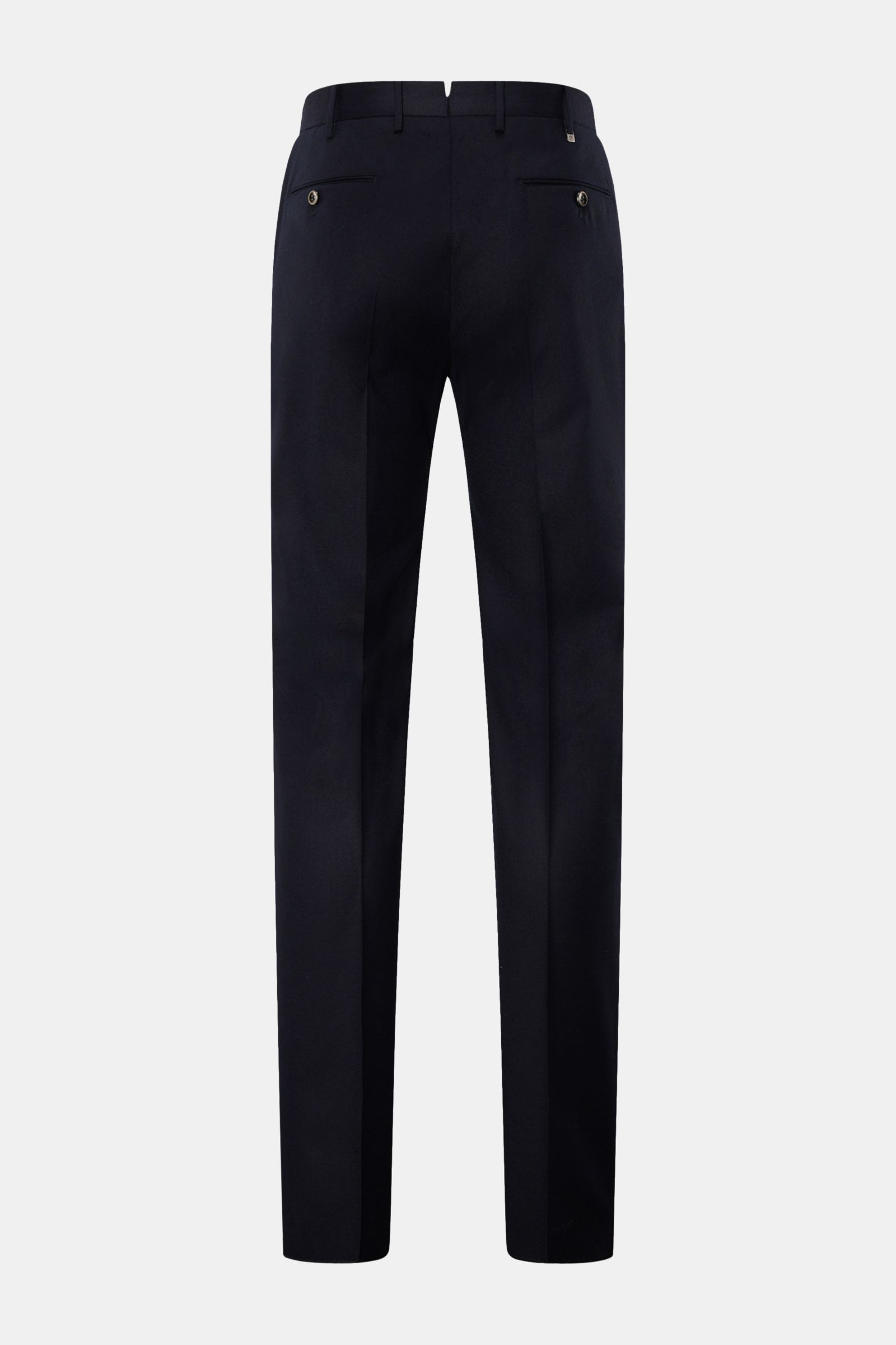 PT Torino Wool trousers 'Slim Fit' dark navy shown from the back, made of fine wool fleece with slight stretch, slim fit, tapered cut, zip and waist buttons, French pockets, small watch pocket, jetted back pockets with button, open length, soft and lightw