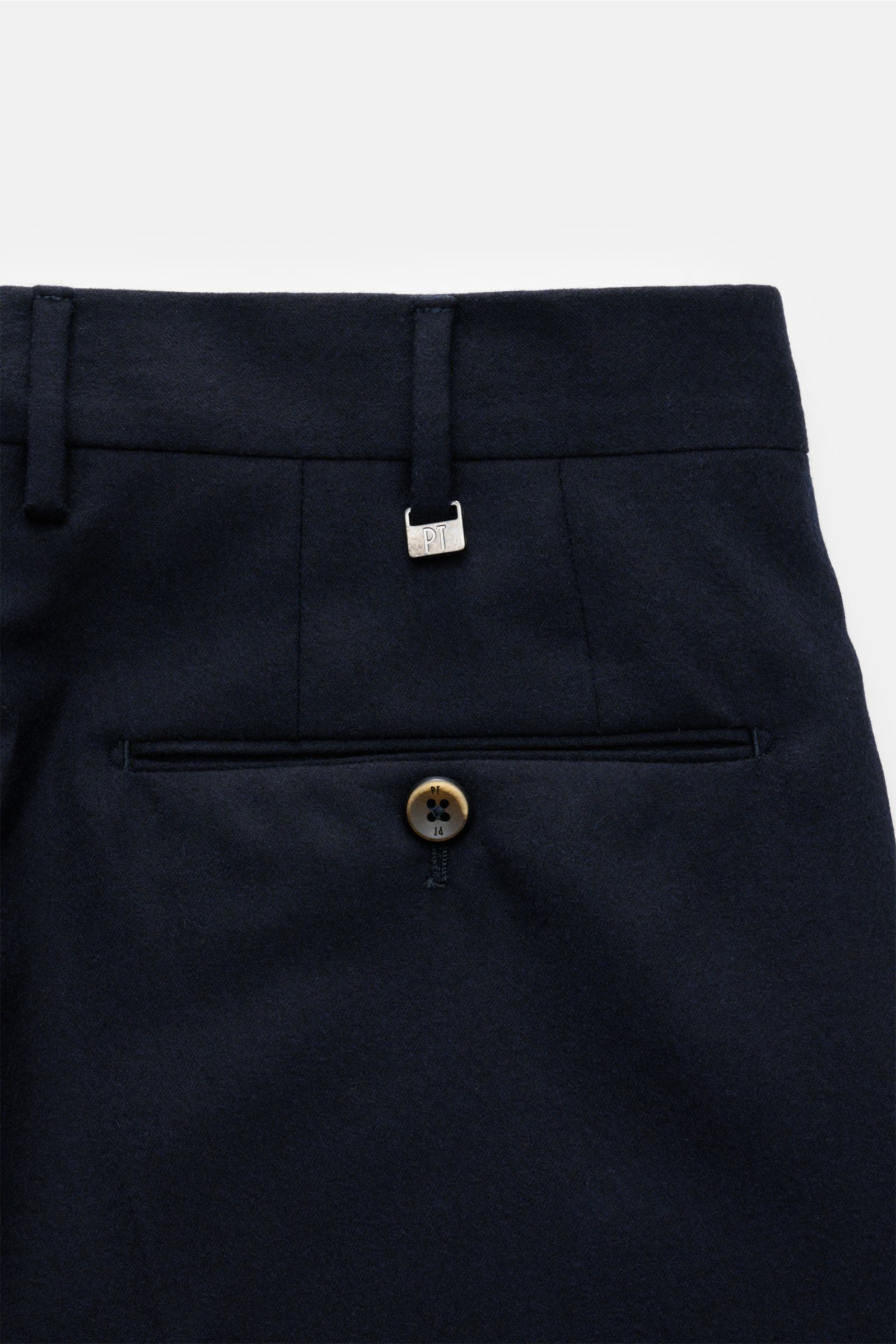 Close-up rear view of PT Torino Wool trousers 'Slim Fit' dark navy, showing jetted back pocket with button and belt loops. For these exclusive trousers, PT TORINO has chosen fine wool fleece with slight stretch content – a perfect all-round model for your