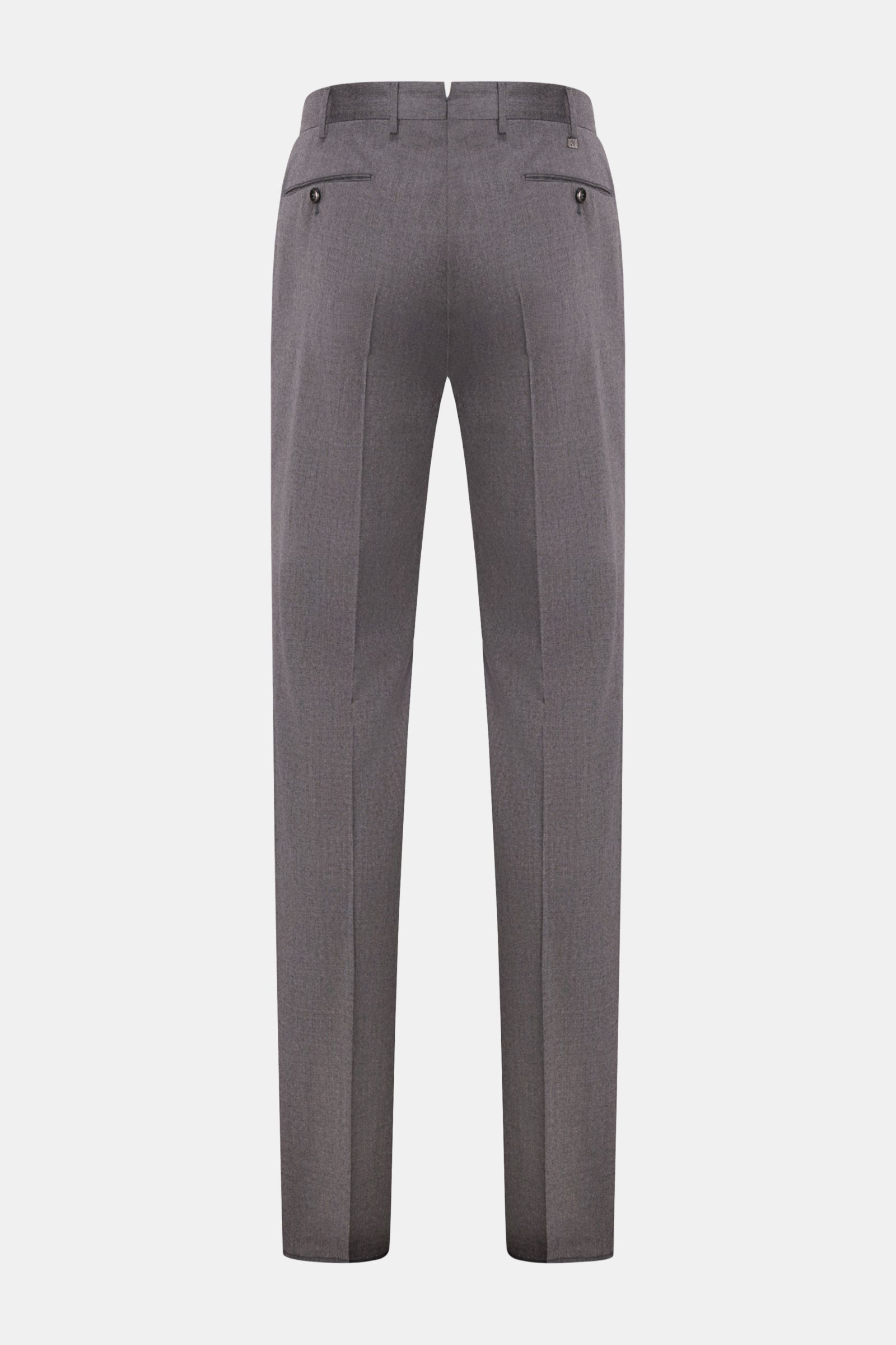 PT Torino Wool trousers 'Slim Fit' grey mottled shown from the back, featuring wool fleece, slight stretch, slim fit, tapered cut, French pockets, jetted back pockets with buttons, zip and waist buttons, soft lightweight fabric, open length, and a small w