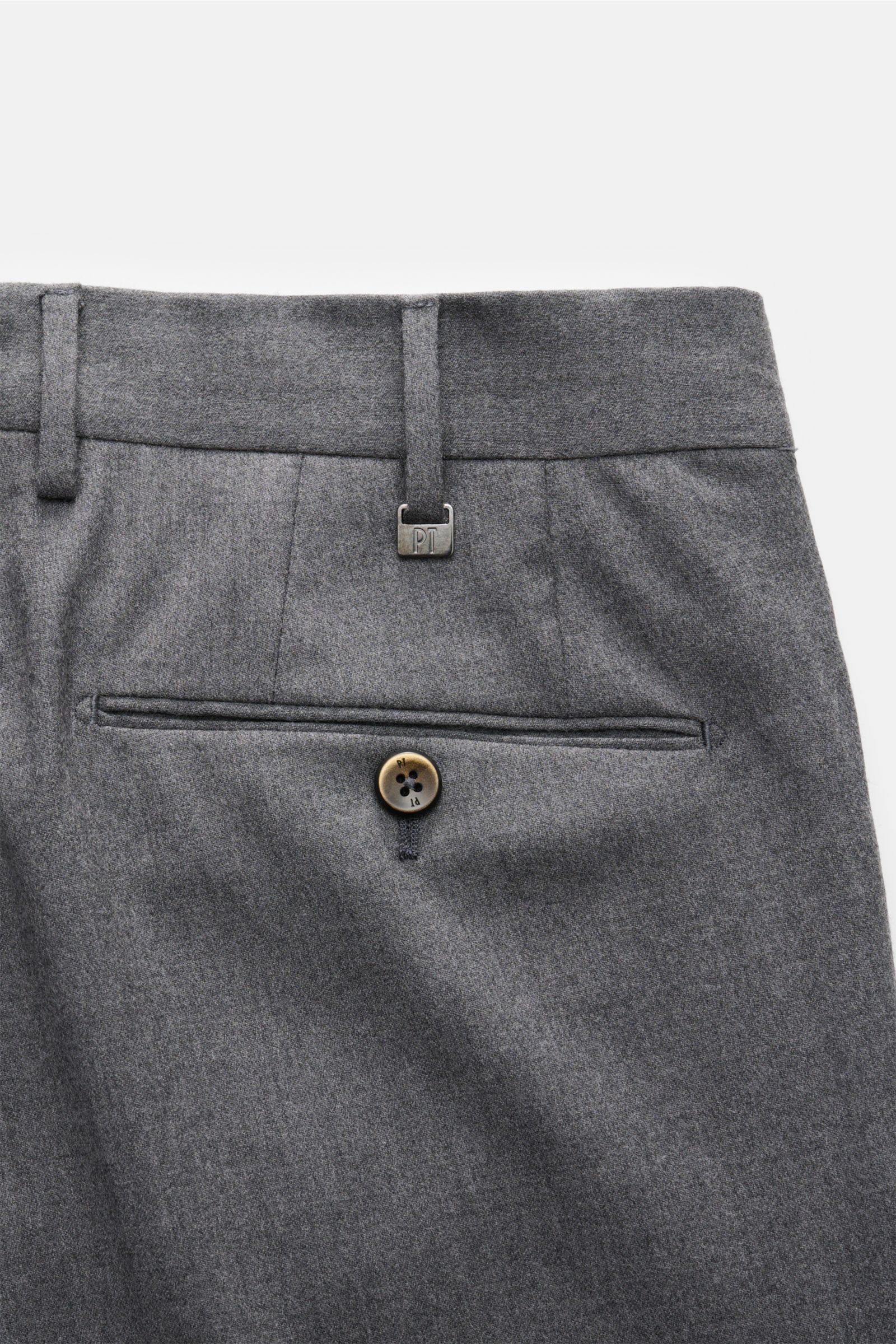 Close-up rear view of PT Torino Wool trousers 'Slim Fit' grey mottled showing wool fleece fabric, jetted back pocket with button, and belt loop.

Description: For these exclusive trousers, PT TORINO has chosen fine wool fleece with slight stretch conte