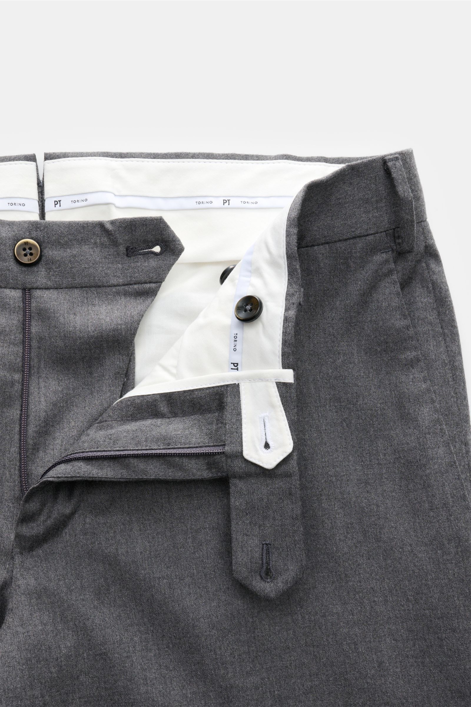 Close-up front view of PT Torino Wool trousers 'Slim Fit' grey mottled with open zip, waist buttons, and white inner lining; fine wool fleece with slight stretch content for a soft, lightweight, tapered cut perfect for office wear. 

For these exclusiv