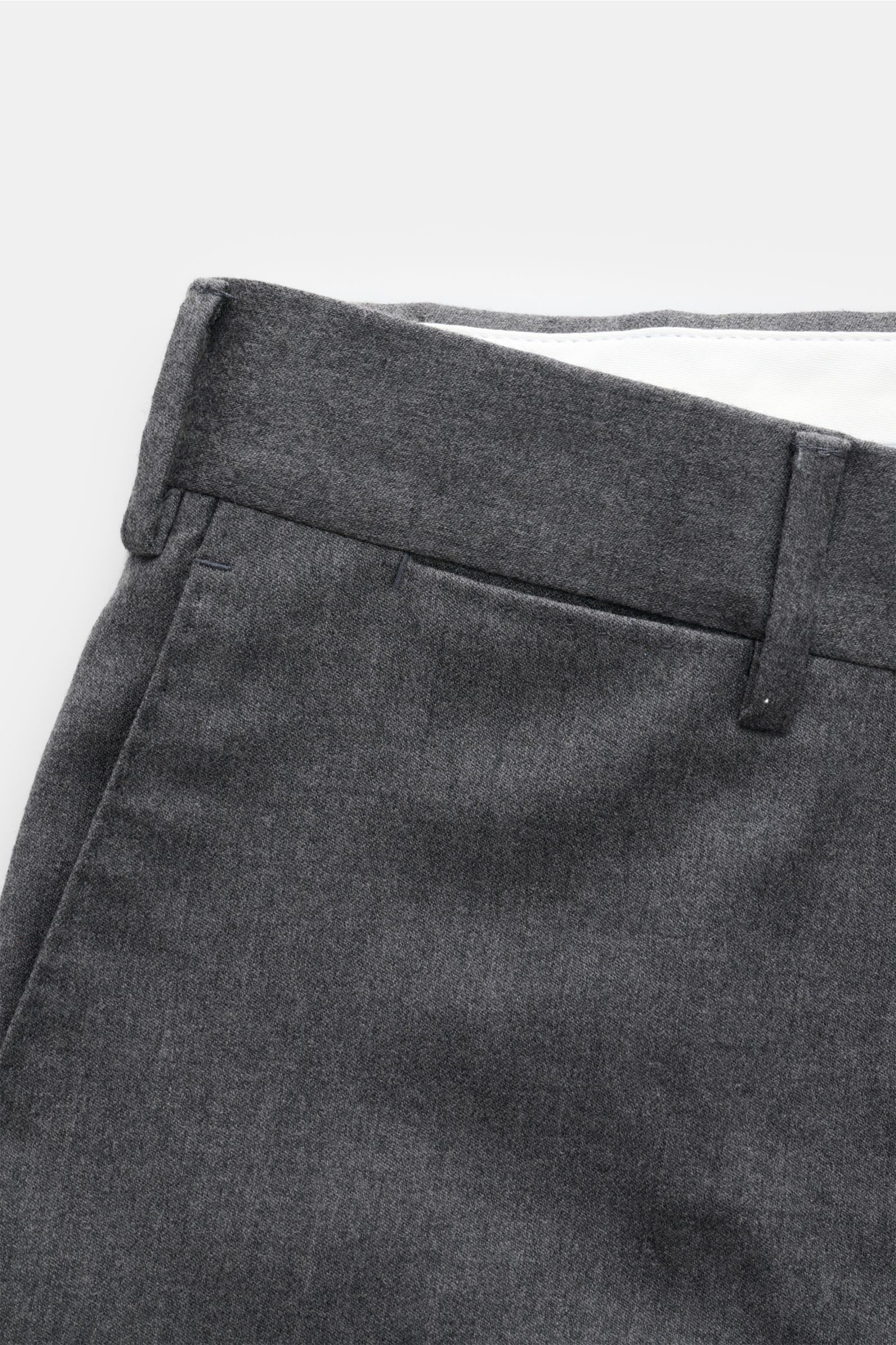PT Torino Wool trousers 'Slim Fit' grey mottled shown from a close-up front angle, featuring wool fleece, slight stretch, soft feel, slim tapered cut, zip and waist buttons, French pockets, small watch pocket, jetted back pockets with button, and open len