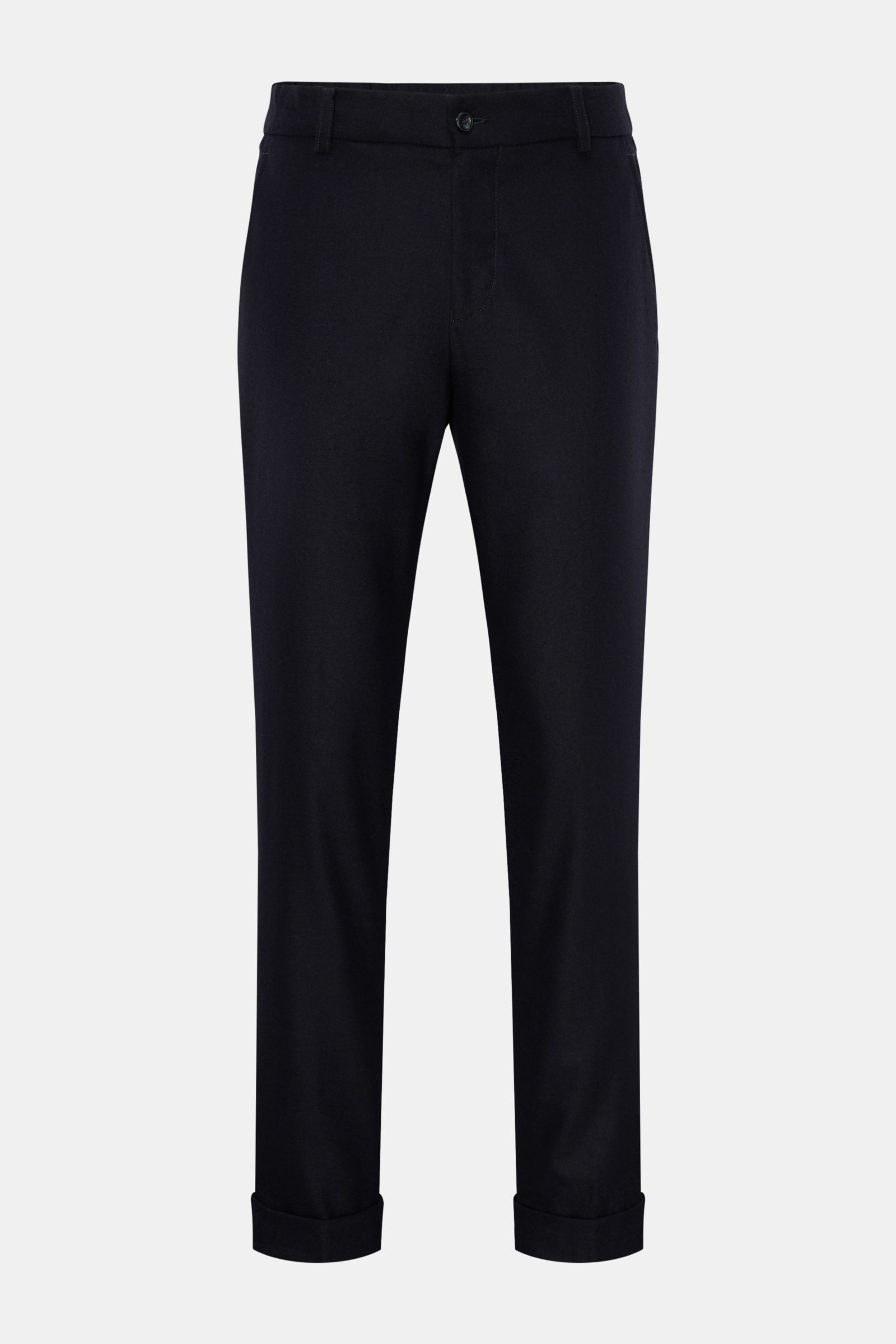 Front view of Marco Pescarolo Woll-Jogpants 'Manu' navy, made of wool and cashmere blend, elastic regular fit with French pockets, buttoned back pockets, fixed cuff, zipper and button closure, and elastic waistband with inner drawstring for comfort and st