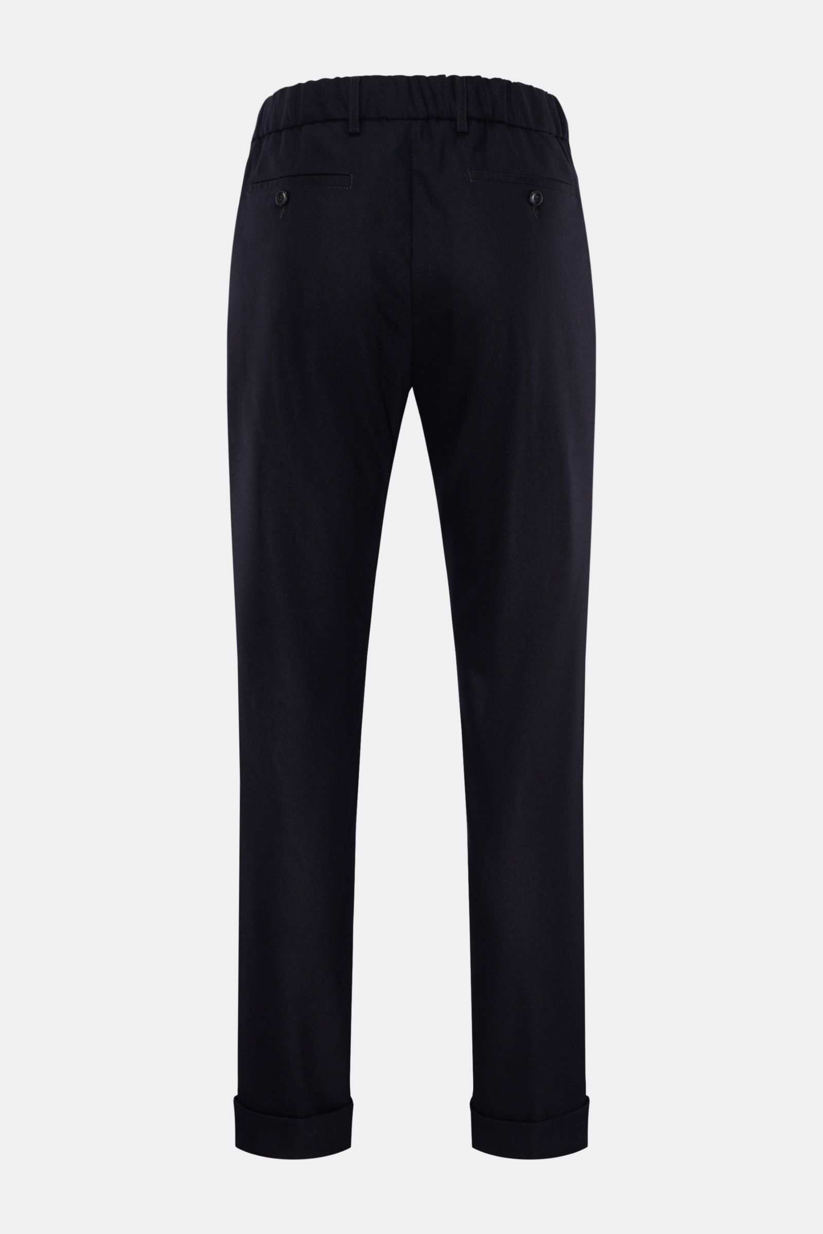 Marco Pescarolo Woll-Jogpants 'Manu' navy shown from the back, featuring wool-cashmere blend, elastic waistband with drawstring, buttoned back pockets, French pockets, zip and button closure, regular fit, soft texture, and fixed hem cuffs. 