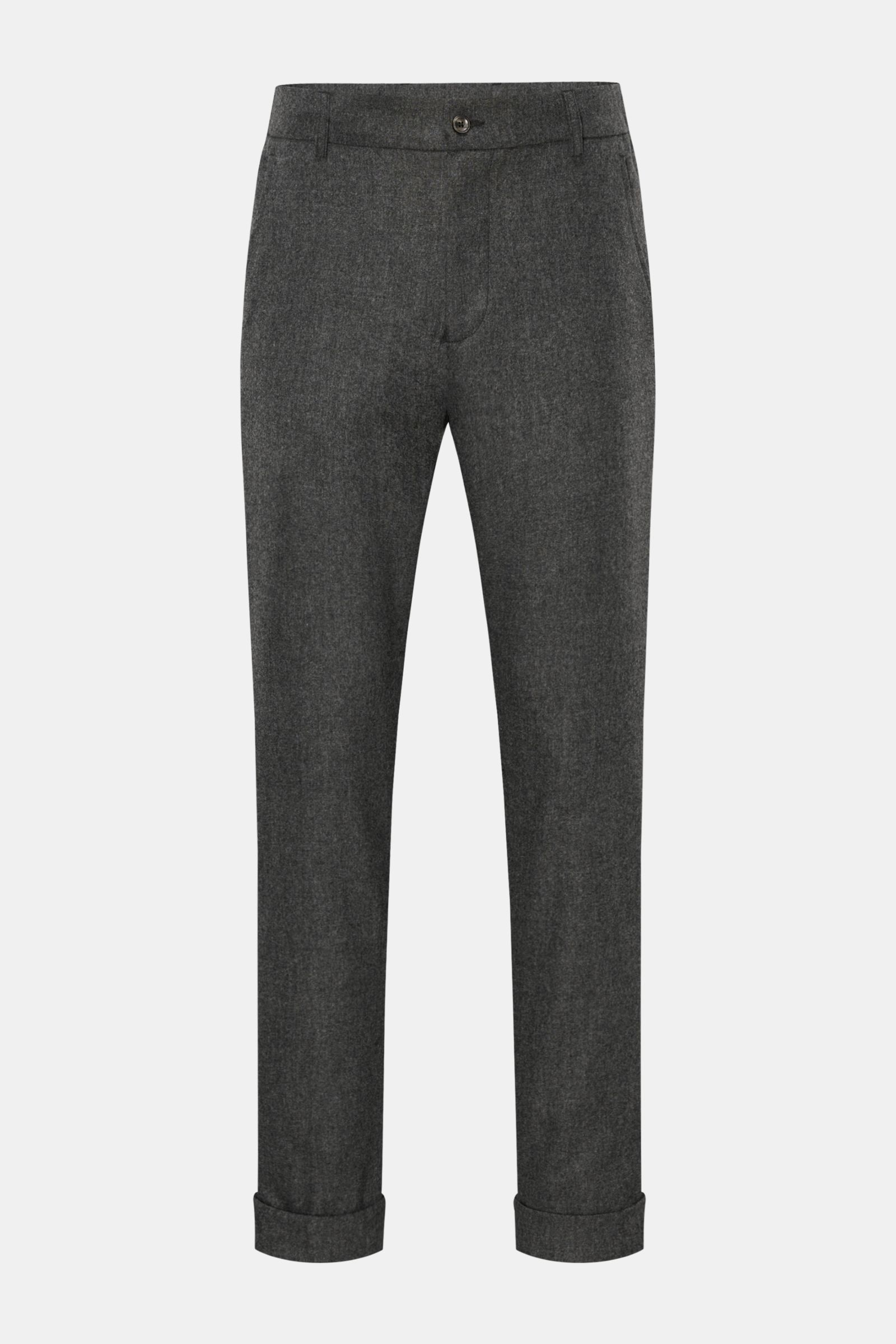 Front view of Marco Pescarolo Woll-Jogpants 'Manu' dunkelgrau meliert in dark grey melange, featuring elastic waistband with inner drawstring, button and zipper closure, French pockets, back buttoned pockets, fixed cuff, regular fit, soft wool and cashmer