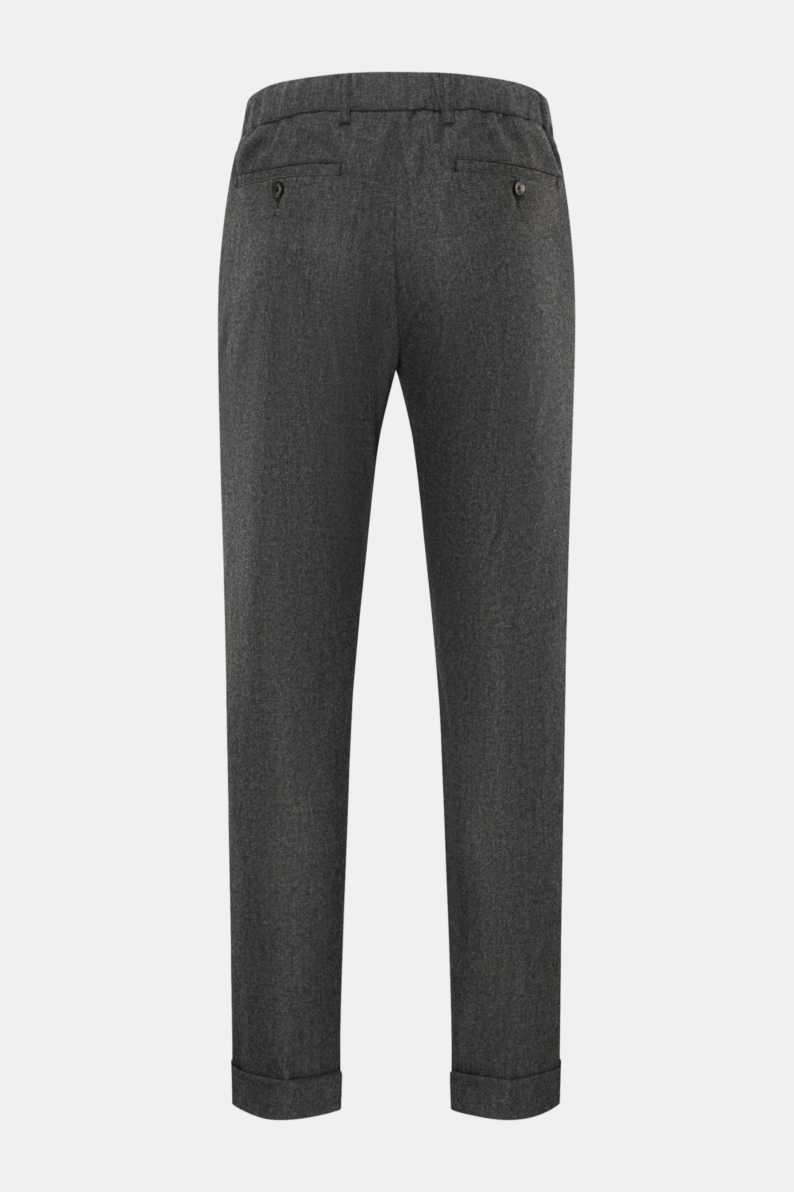 Marco Pescarolo Woll-Jogpants 'Manu' dunkelgrau meliert shown from the back, featuring buttoned welt rear pockets, fixed cuffs, and a soft wool-cashmere blend fabric.