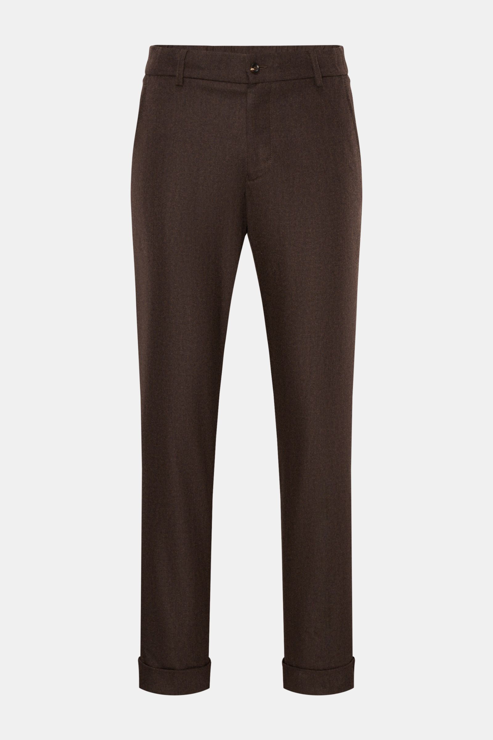 Marco Pescarolo Woll-Jogpants 'Manu' dunkelbraun, frontale Aufnahme, Regular Fit aus Wolle-Cashmere mit französischen Taschen, Knopf-Gesäßtaschen und fixiertem Saumaufschlag.