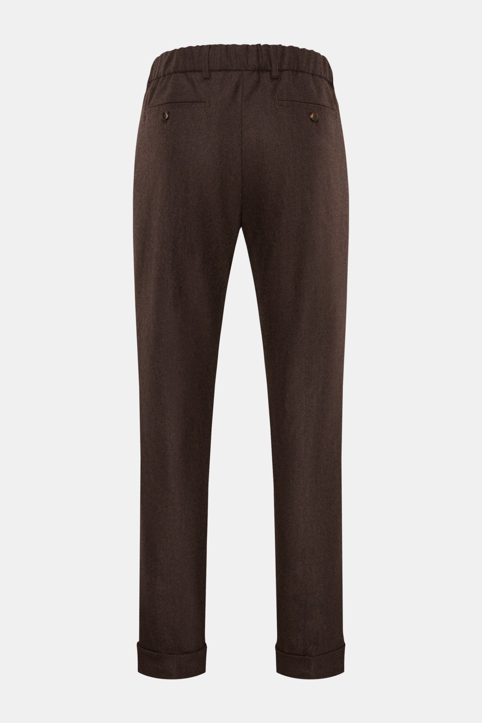 Marco Pescarolo Woll-Jogpants 'Manu' dunkelbraun, Rückansicht, Regular Fit mit fixiertem Saumaufschlag, Knopf-Gesäßtaschen, französischen Taschen, elastischem Bund.