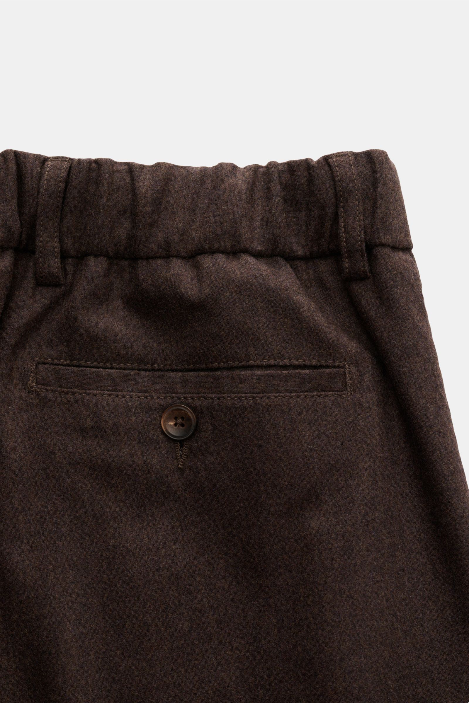 Marco Pescarolo Woll-Jogpants 'Manu' dunkelbraun, Rückansicht mit elastischem Bund, Knopf-Gesäßtasche, französischen Taschen, fixiertem Saumaufschlag.