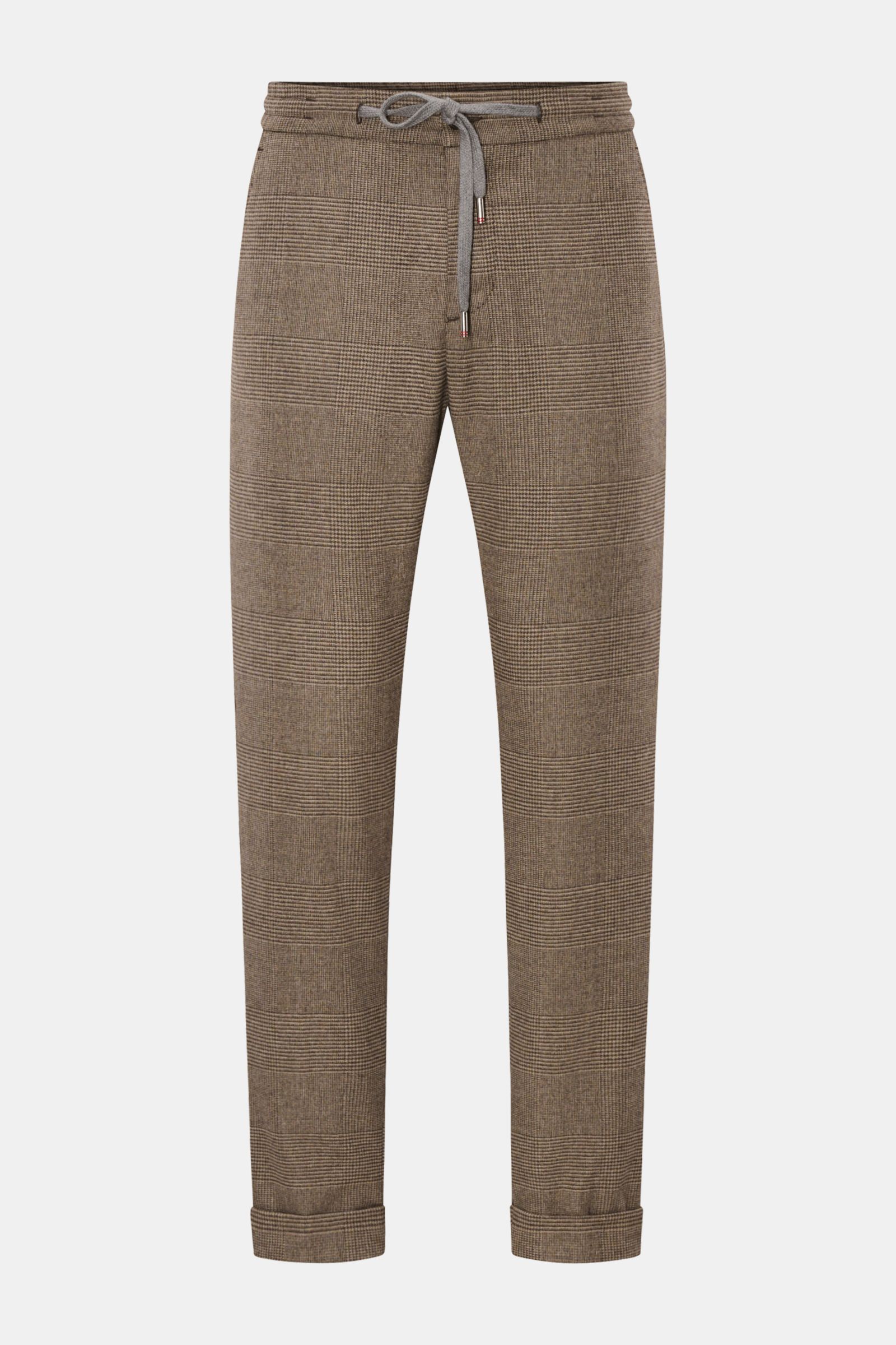 Marco Pescarolo Jogpants 'Caracciolo' beige/graubraun kariert shown front view, classic check pattern, elastic waistband with drawstring. Die 'Caracciolo' von MARCO PESCAROLO ist eine stilvolle Neuinterpretation der klassischen Jogpants – lässig im Loo