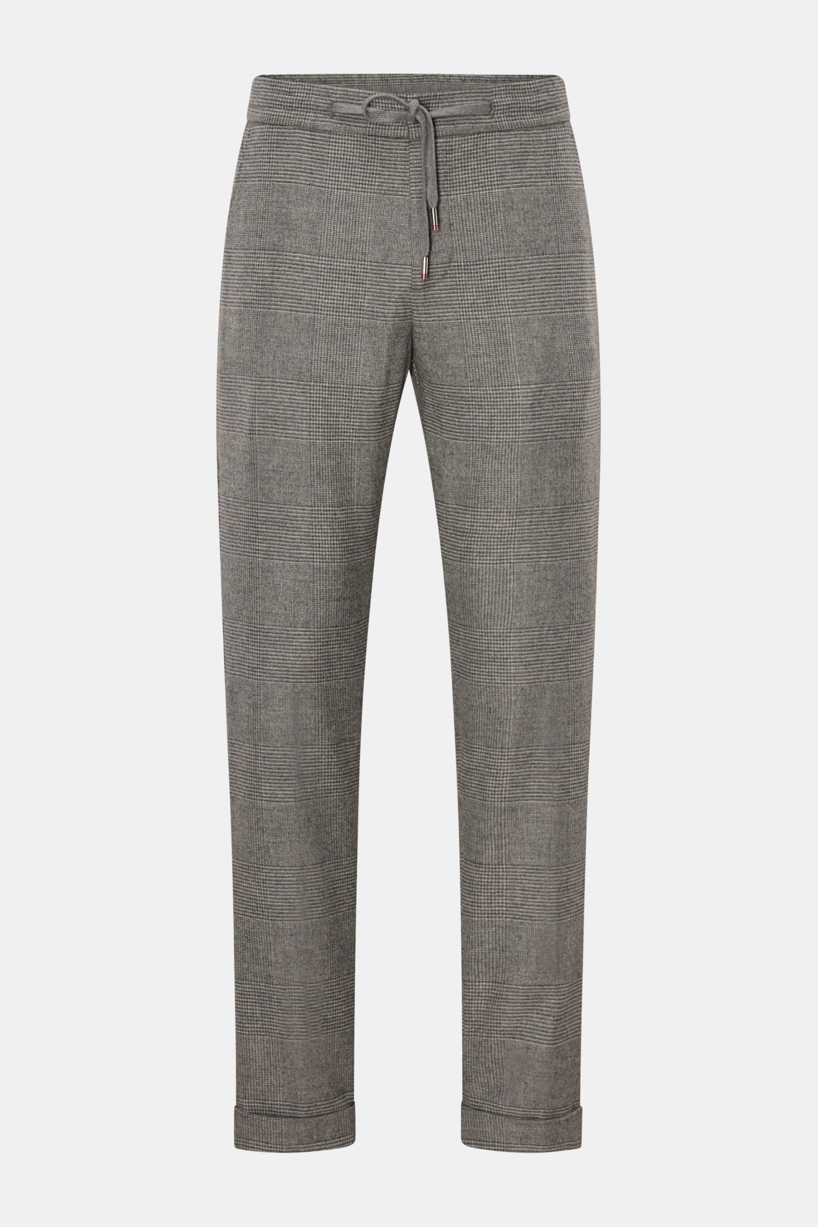 Marco Pescarolo Jogpants 'Caracciolo' hellgrau/dunkelgrau kariert, frontale Ansicht, Schurwolle-Cashmere, elastisch, Karomuster, Tapered Fit, Bund mit Tunnelzug.