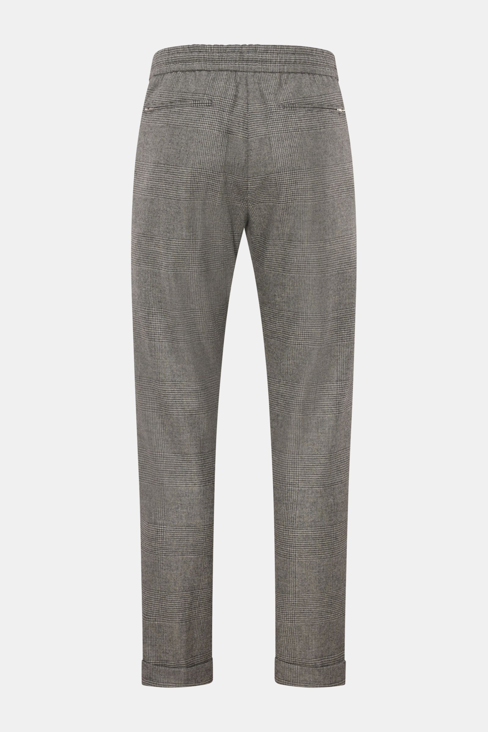Marco Pescarolo Jogpants 'Caracciolo' hellgrau/dunkelgrau kariert, Rückansicht, Schurwoll-Cashmere-Mix, elastischer Bund, Reißverschlusstaschen, tapered Fit, knöchellang.
