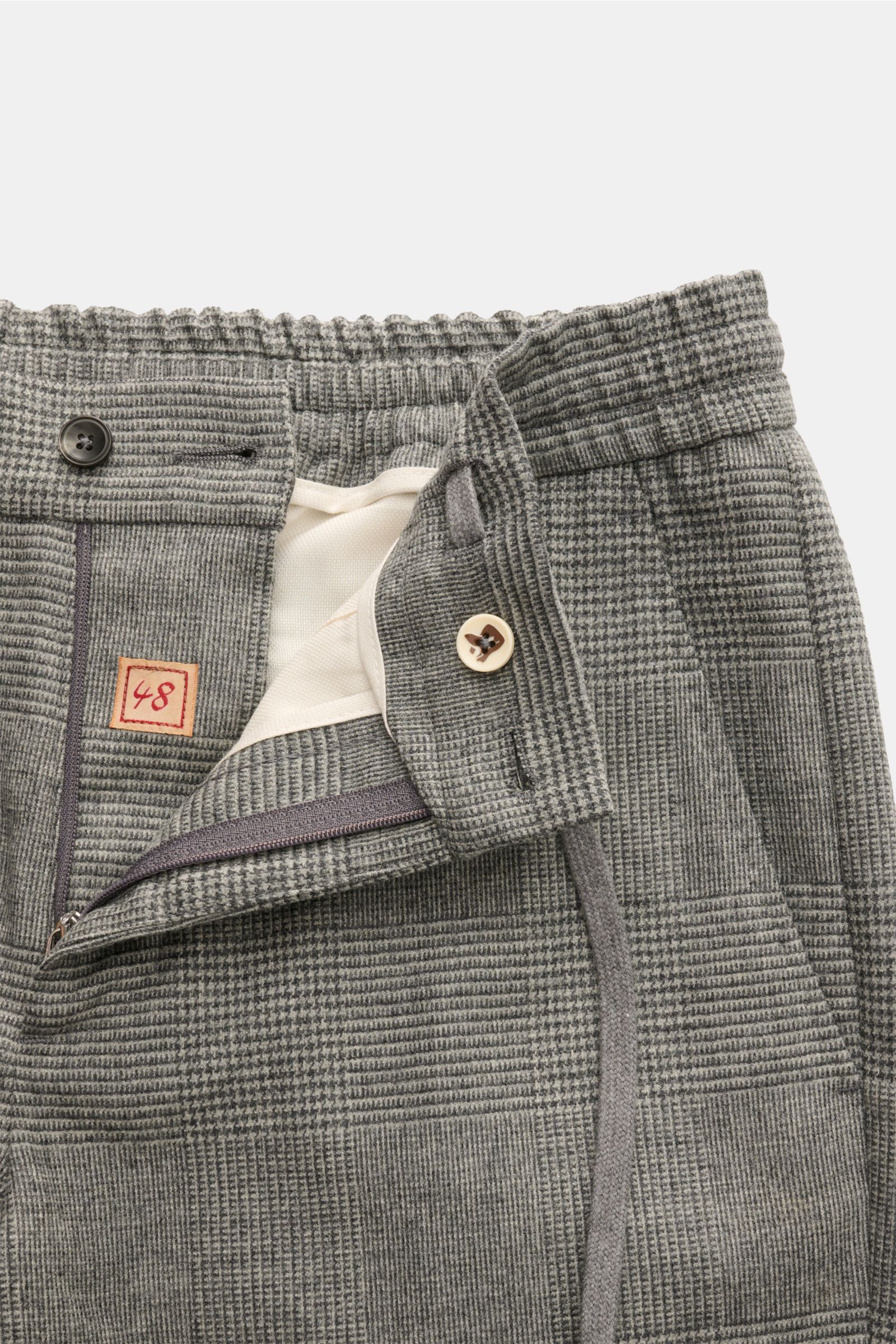 Marco Pescarolo Jogpants 'Caracciolo' hellgrau/dunkelgrau kariert, frontal mit offenem Reißverschluss, Schurwoll-Cashmere-Mix, elastischer Bund, Karomuster.