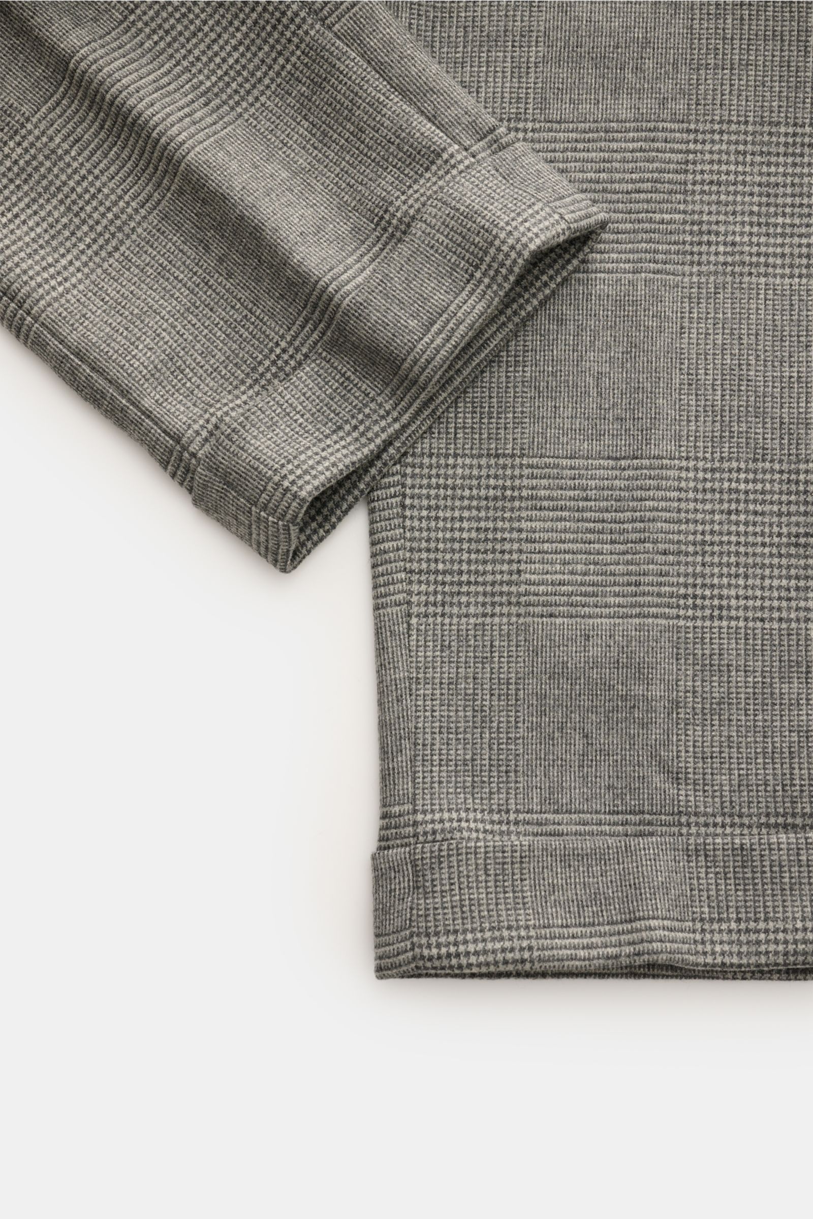 Marco Pescarolo Jogpants 'Caracciolo' hellgrau/dunkelgrau kariert, Detailaufnahme von Saum und Bein, Schurwoll-Cashmere-Mix, leicht elastisch, klassisches Karo.