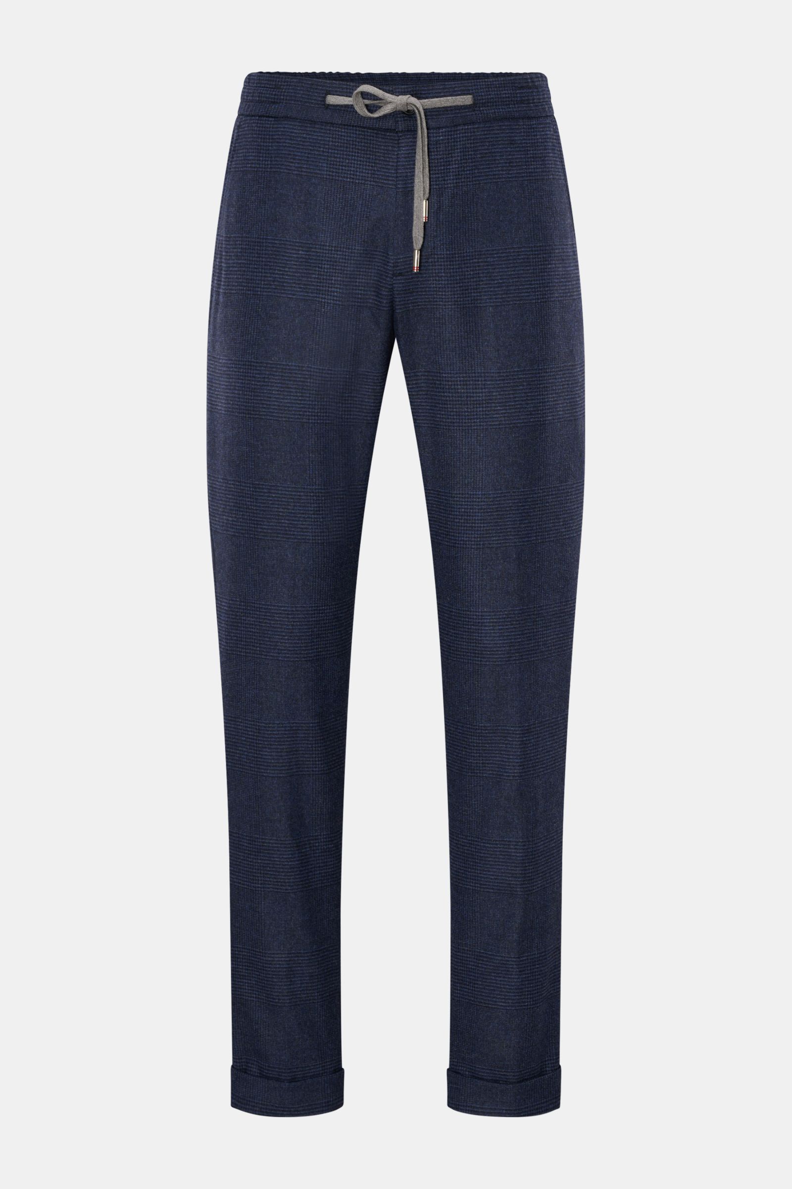 Marco Pescarolo Jogpants 'Caracciolo' navy/schwarz kariert, frontal fotografiert, Schurwoll-Cashmere-Mix, klassisches Karo, elastischer Bund mit Tunnelzug, Reißverschluss, Bundknopf, französische Taschen, Gesäßtaschen mit Zipper, fixer Saumaufschlag, tape