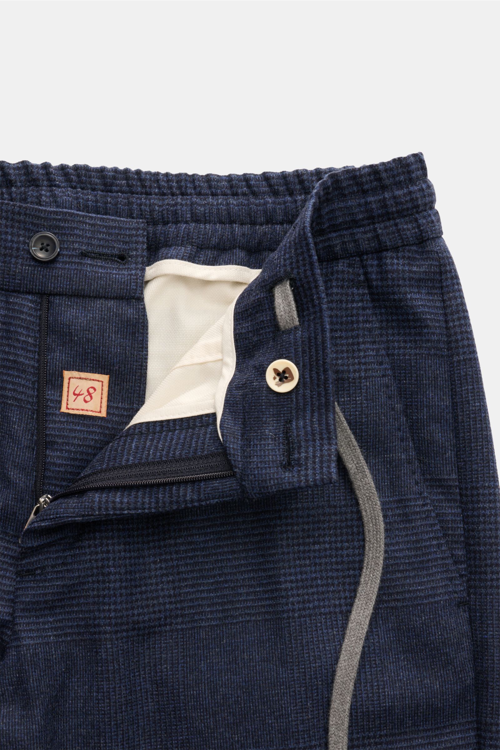 Marco Pescarolo Jogpants 'Caracciolo' navy/schwarz kariert, Nahaufnahme von Bund, Reißverschluss, Knopf, Tunnelzug, Schurwolle-Cashmere-Mix, Karomuster.