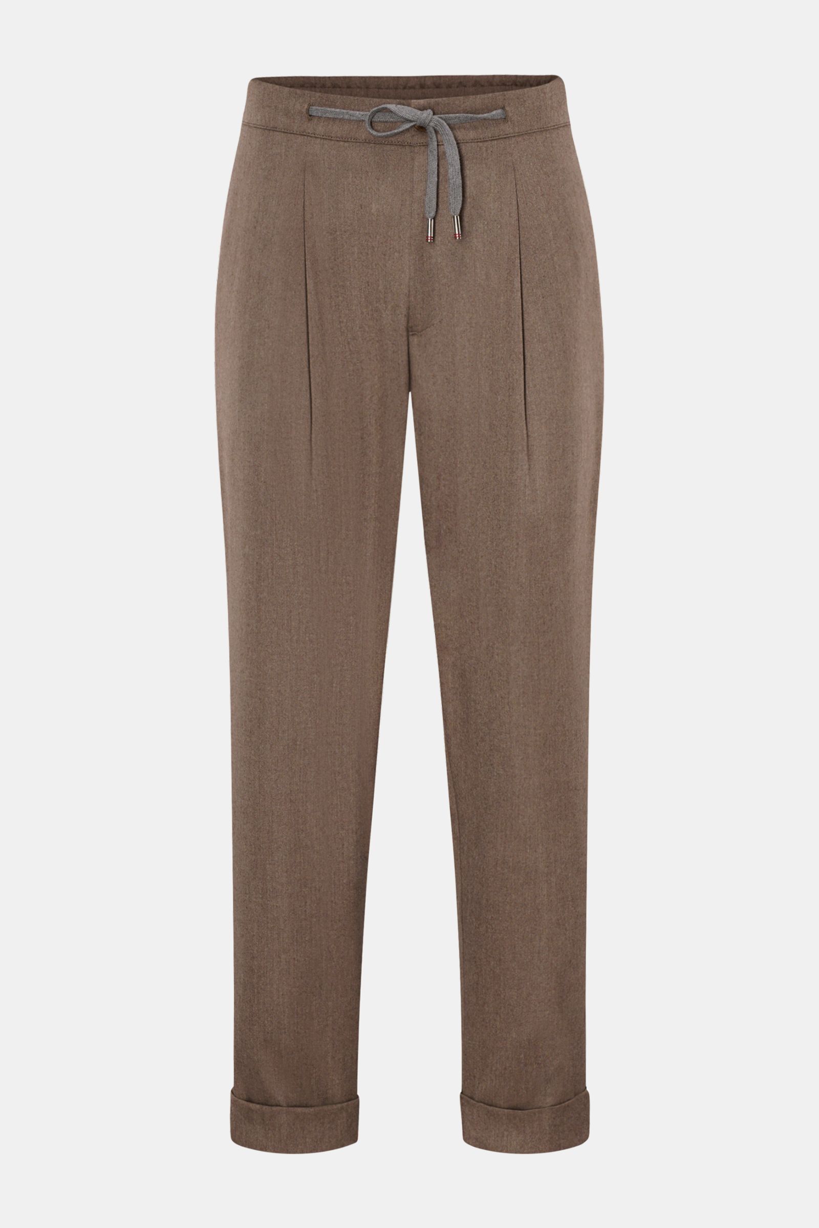 Marco Pescarolo Cashmere-Jogpants 'Varenne' graubraun meliert shown from the front, featuring tapered fit, elastic waistband with drawstring, pleats, and cuffed ankles, made of soft, lightly stretchy pure cashmere. 