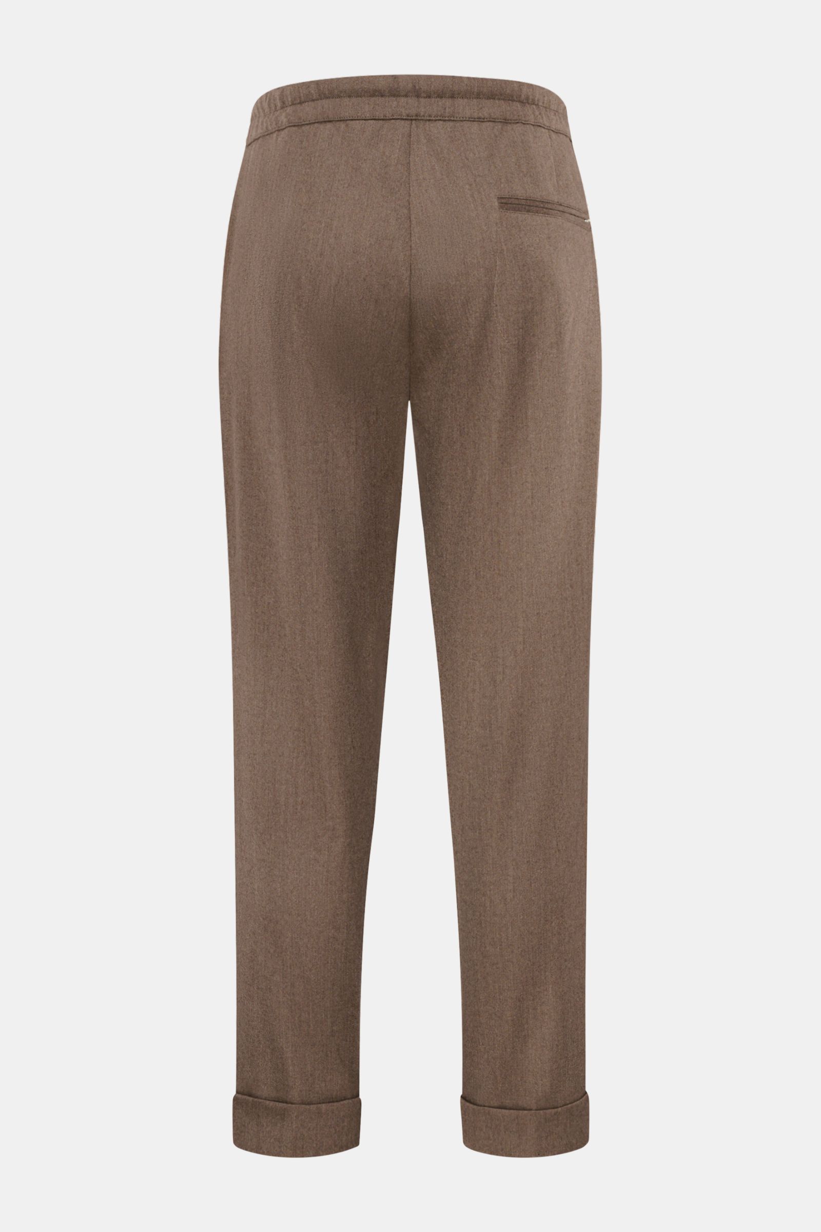 Marco Pescarolo Cashmere-Jogpants 'Varenne' graubraun meliert shown from the back, knöchellang with fixed hem cuffs, zipper and button, elastic waistband with drawstring, tapered fit, soft pure cashmere.