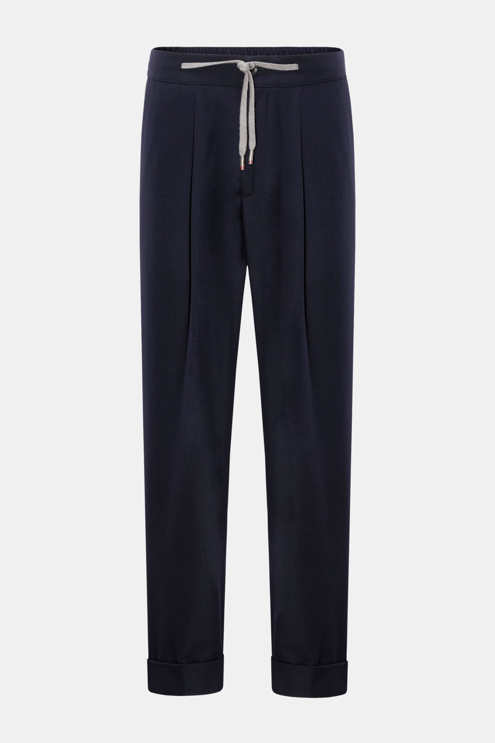 Front view of Marco Pescarolo Woll-Jogpants 'Varenne' navy in pure wool, tapered fit, elastic waistband with drawstring, zip and button closure, ankle length with fixed cuffs, featuring French pockets and zippered back pockets.