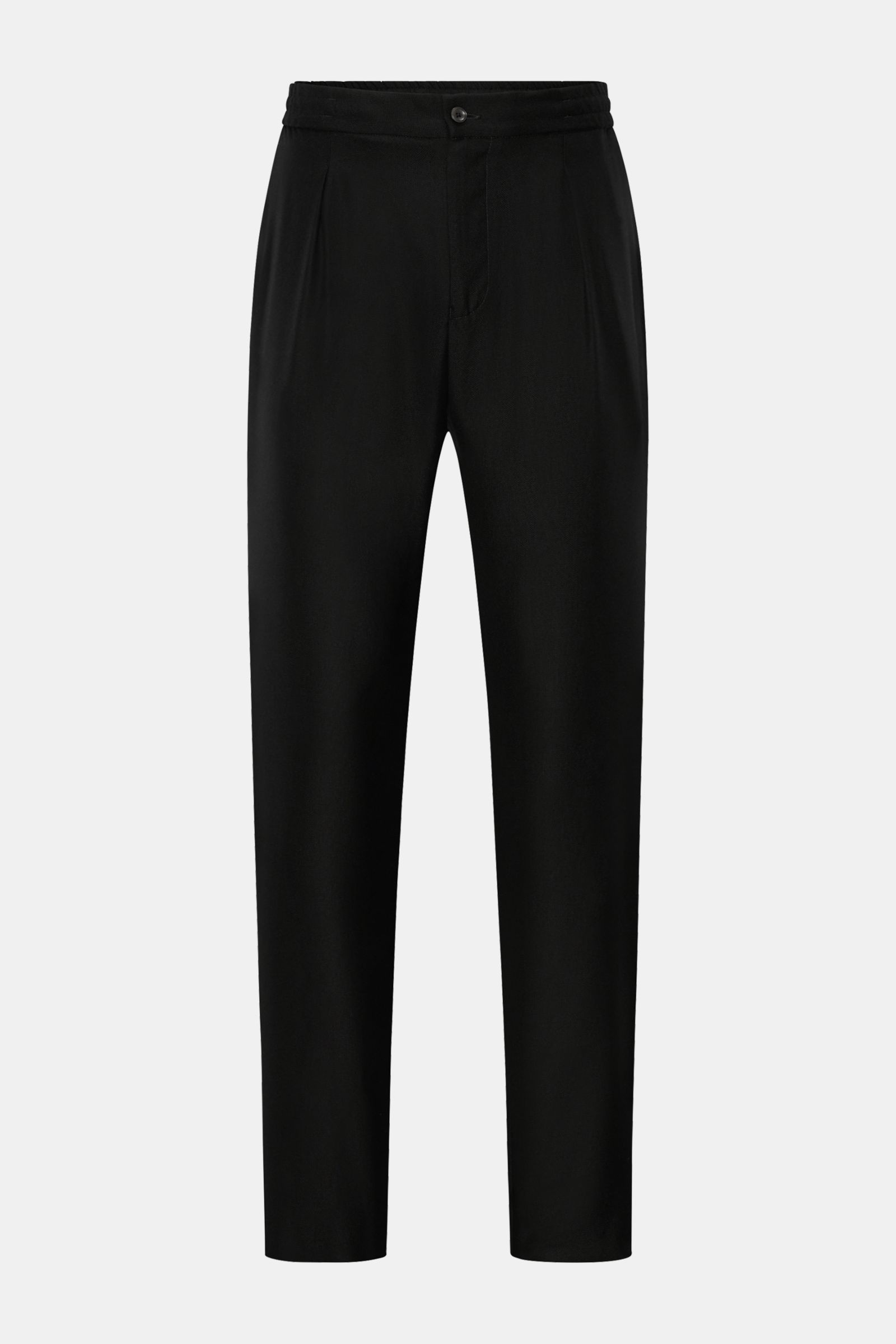 Marco Pescarolo Cashmere Jogpants 'Chiaia' schwarz, frontale Ansicht, reiner Cashmere, softer Griff, leichte Qualität, feiner Strukturjersey, Regular Fit, Reißverschluss, Bundknopf, elastischer Bund, Tunnelzug, hohe Bundhöhe, paspelierte Hüft- und Gesäßta